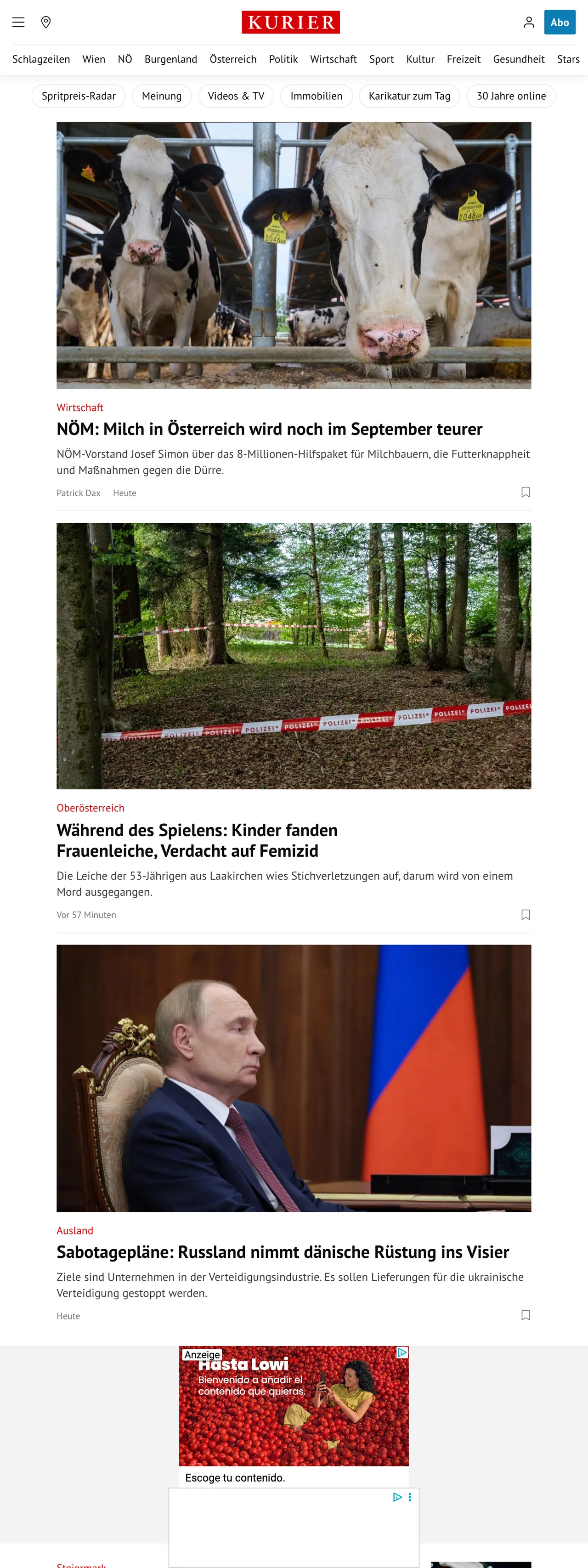 Screenshot of the Kurier front page