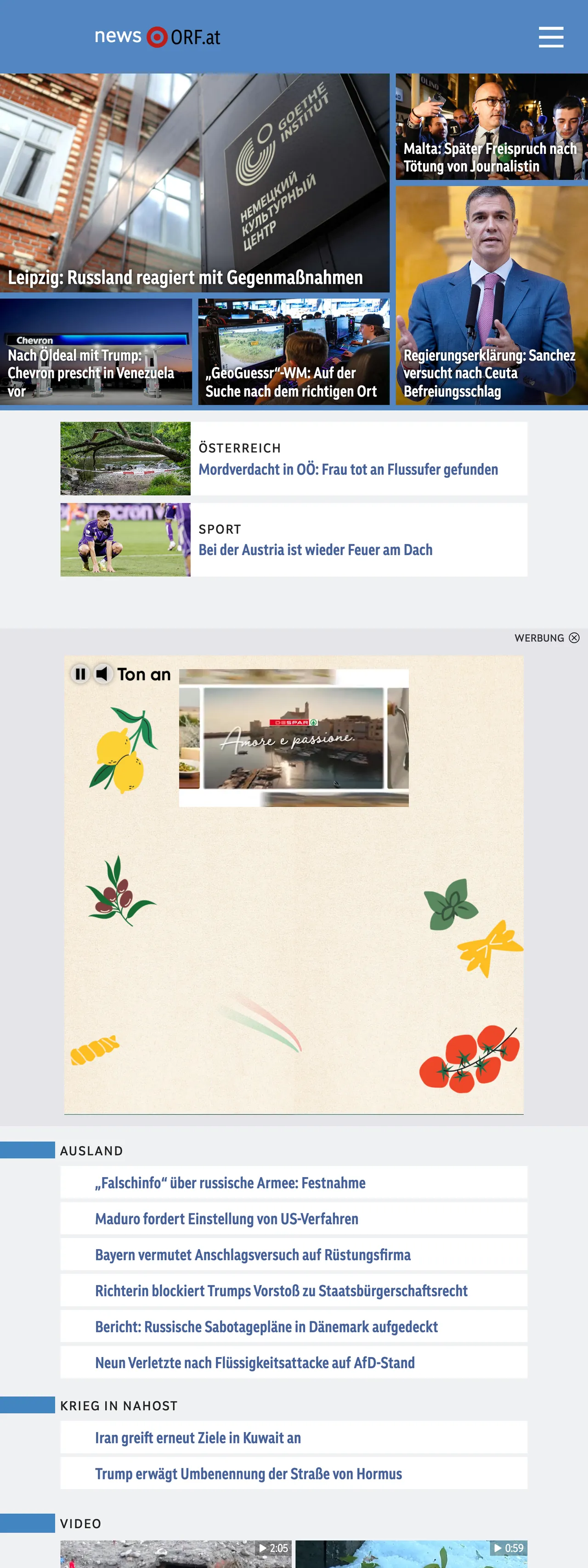 Screenshot of the ORF front page
