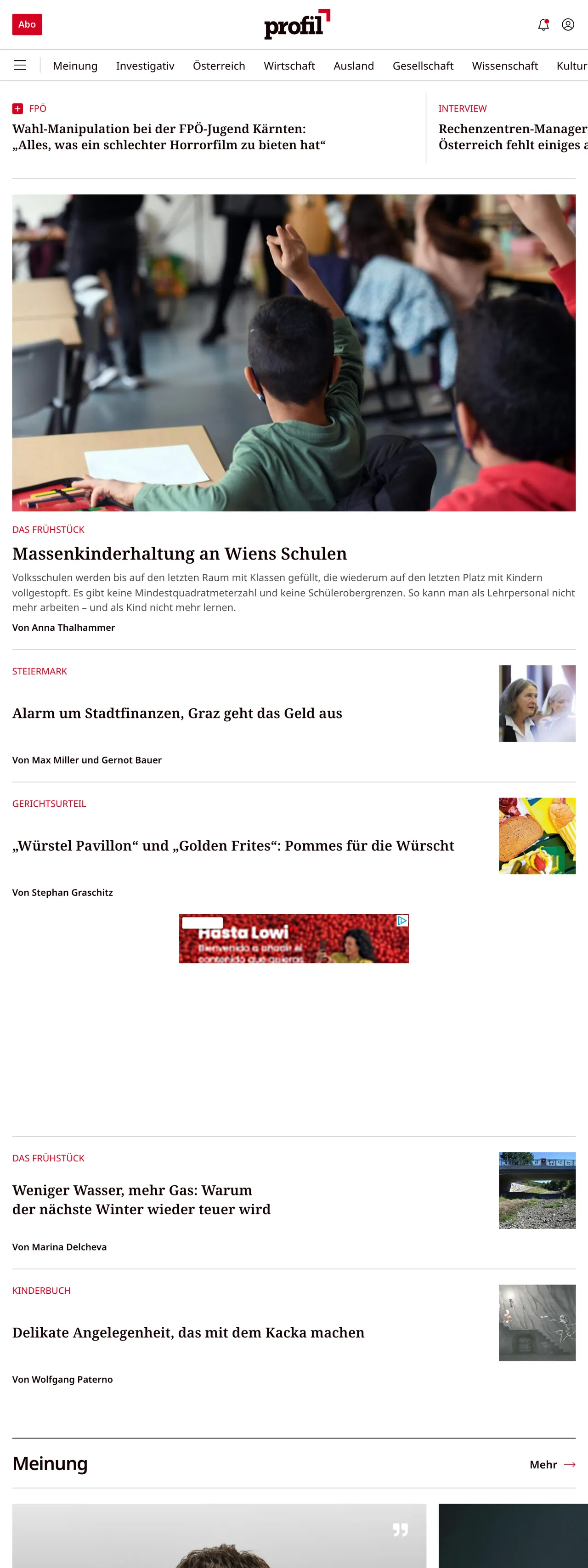 Screenshot of the profil front page