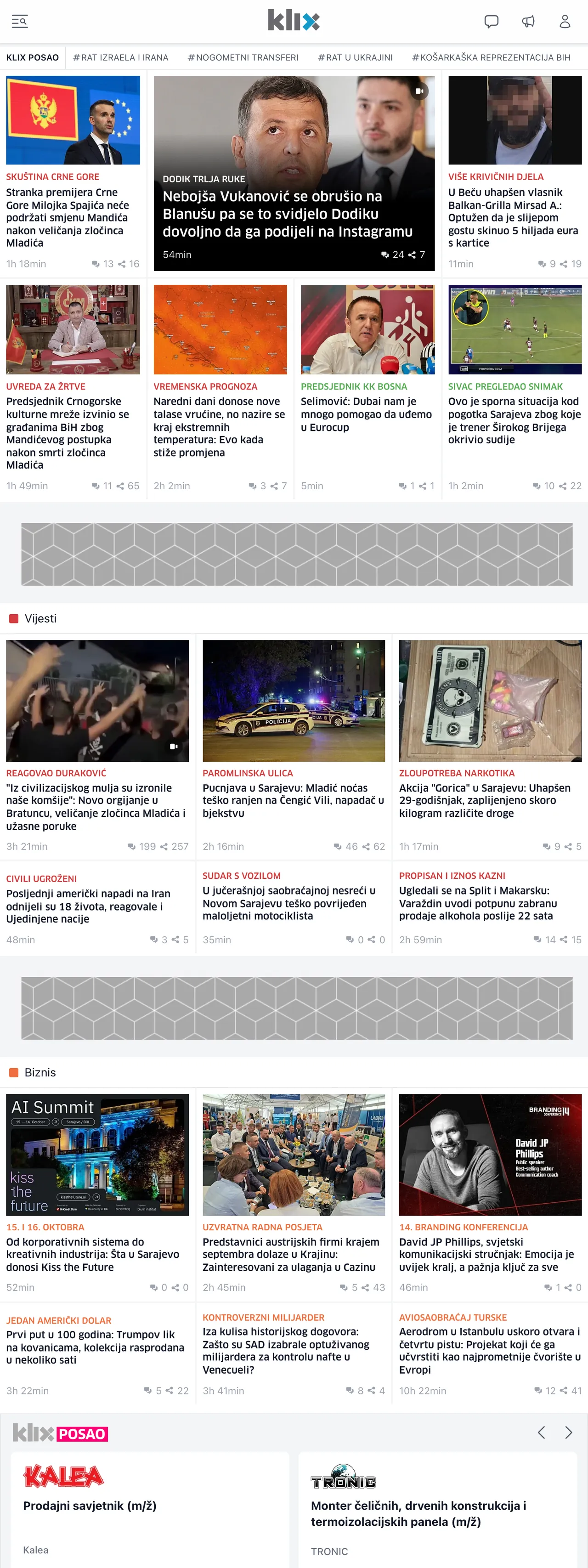 Screenshot of the Klix.ba front page