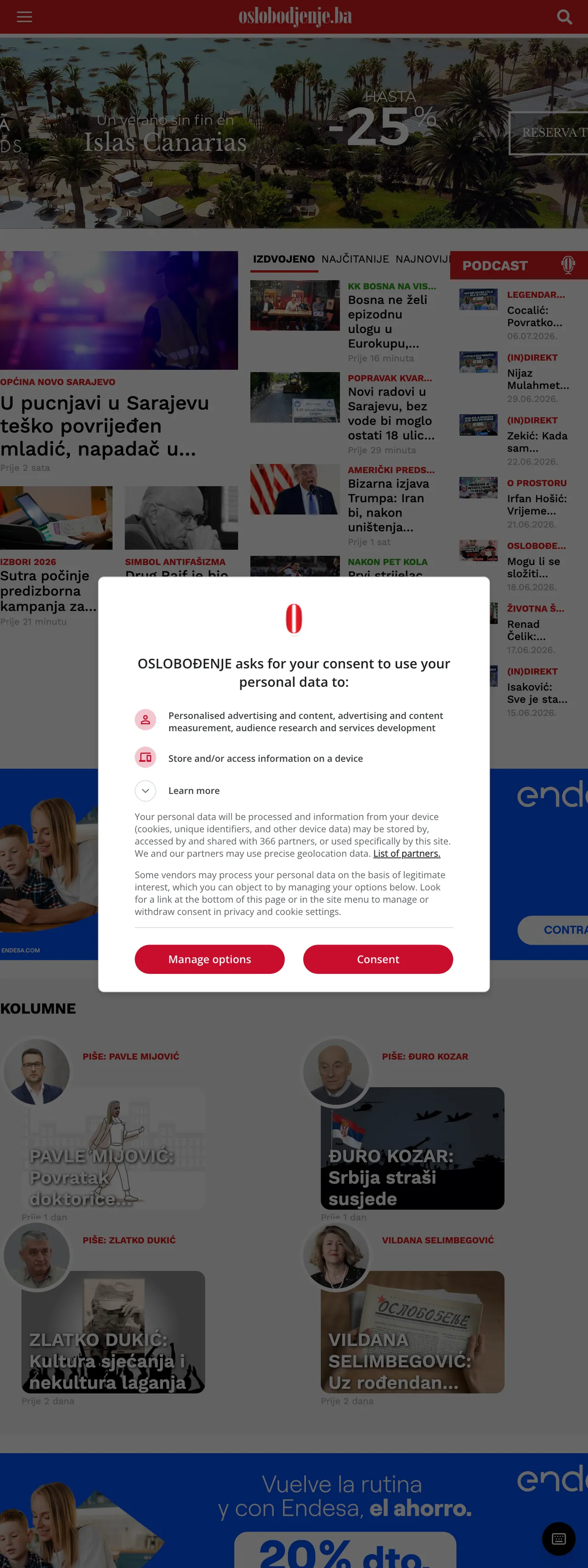 Screenshot of the Oslobođenje front page