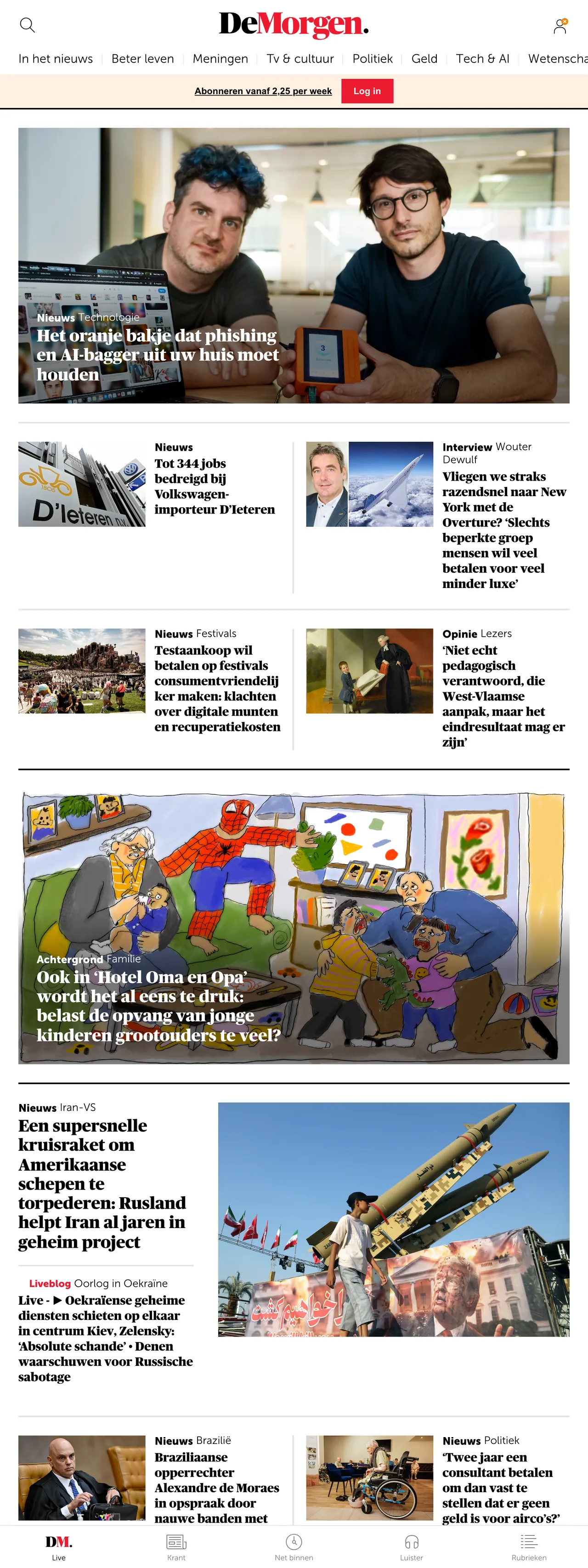 Screenshot of the De Morgen front page