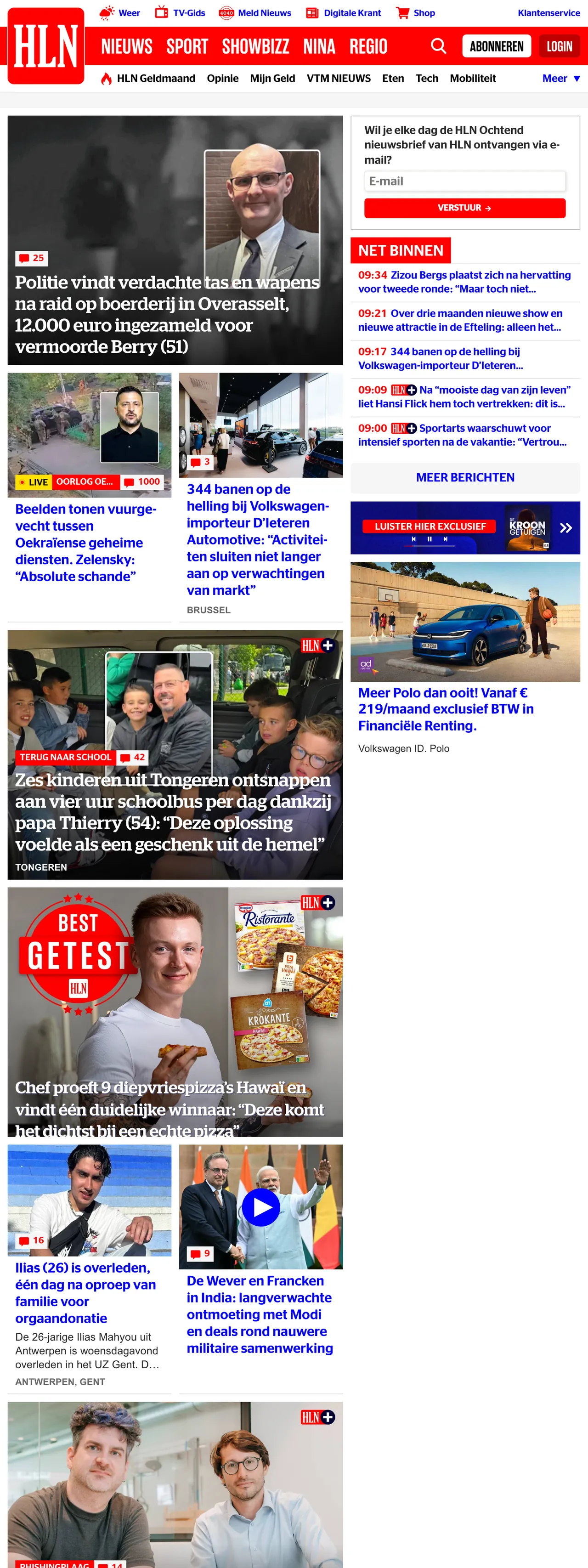 Screenshot of the HLN front page