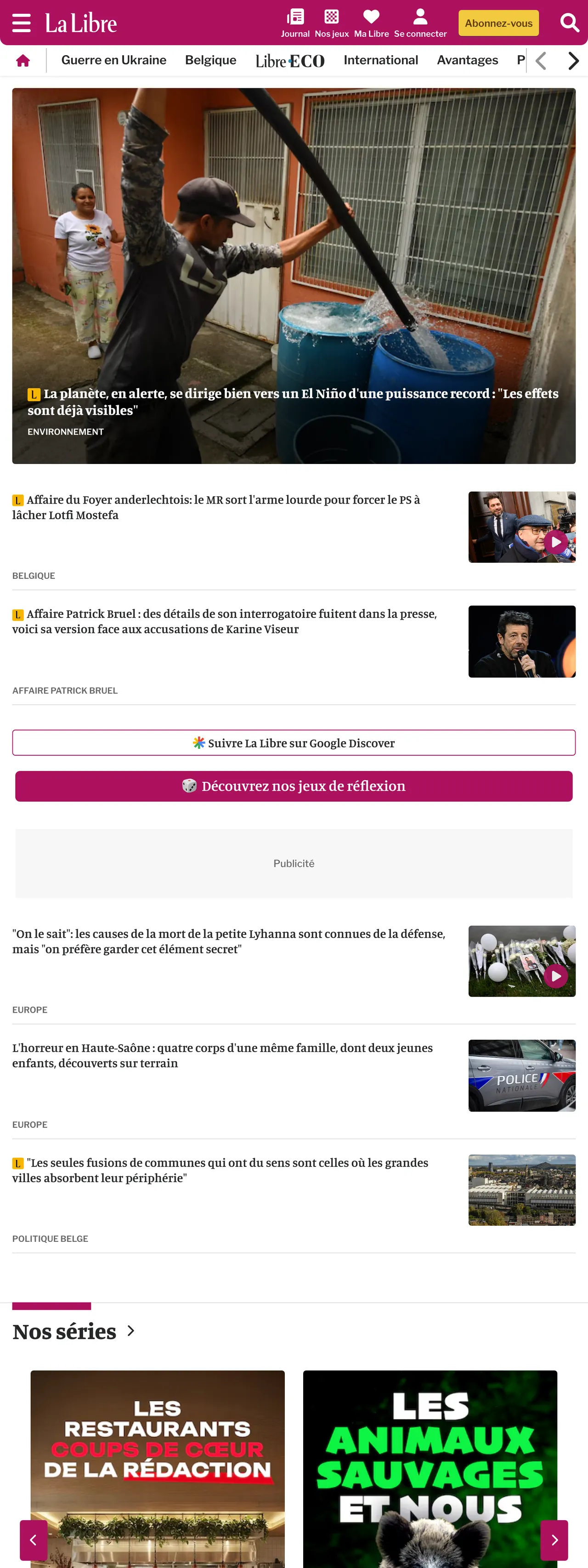 Screenshot of the La Libre front page