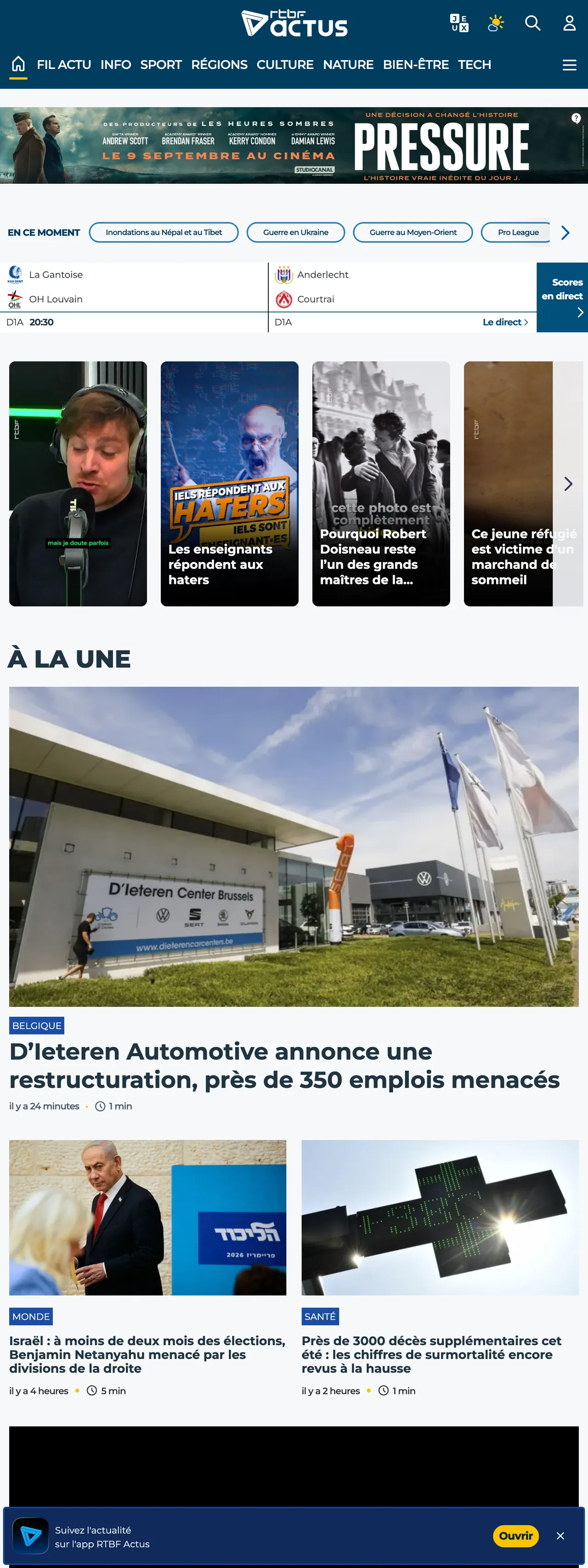 Screenshot of the RTBF front page