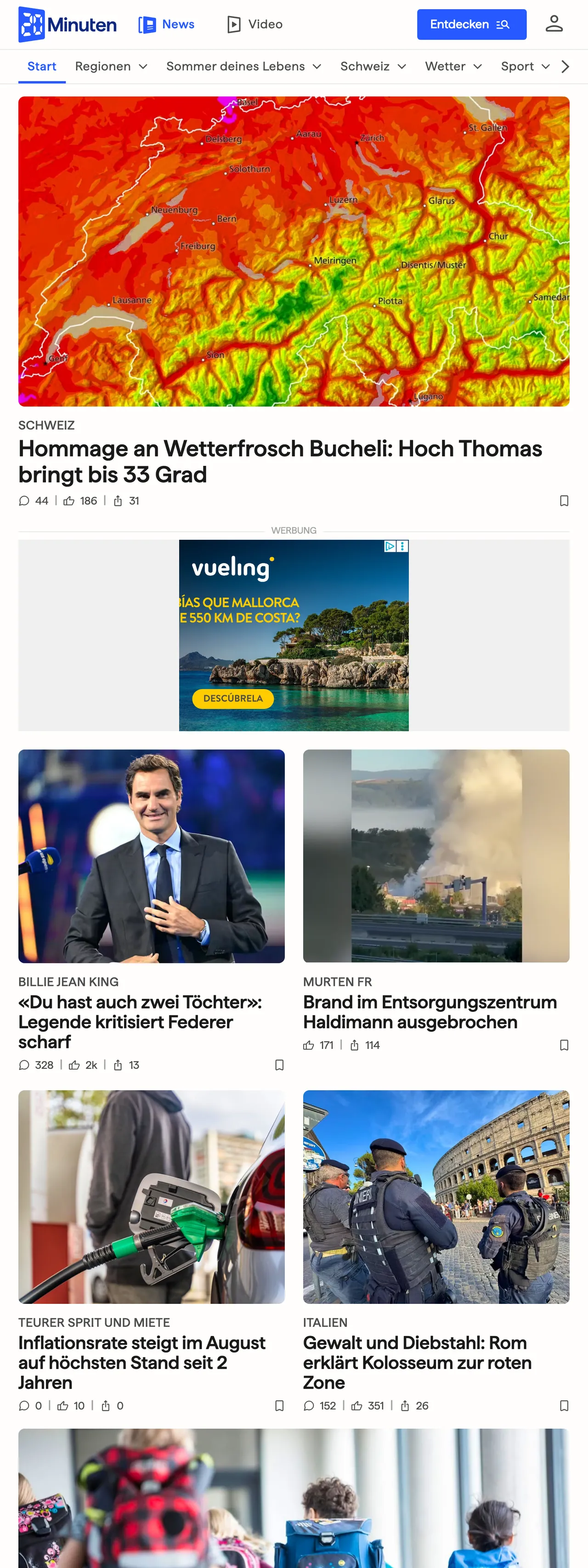 Screenshot of the 20 Minuten front page