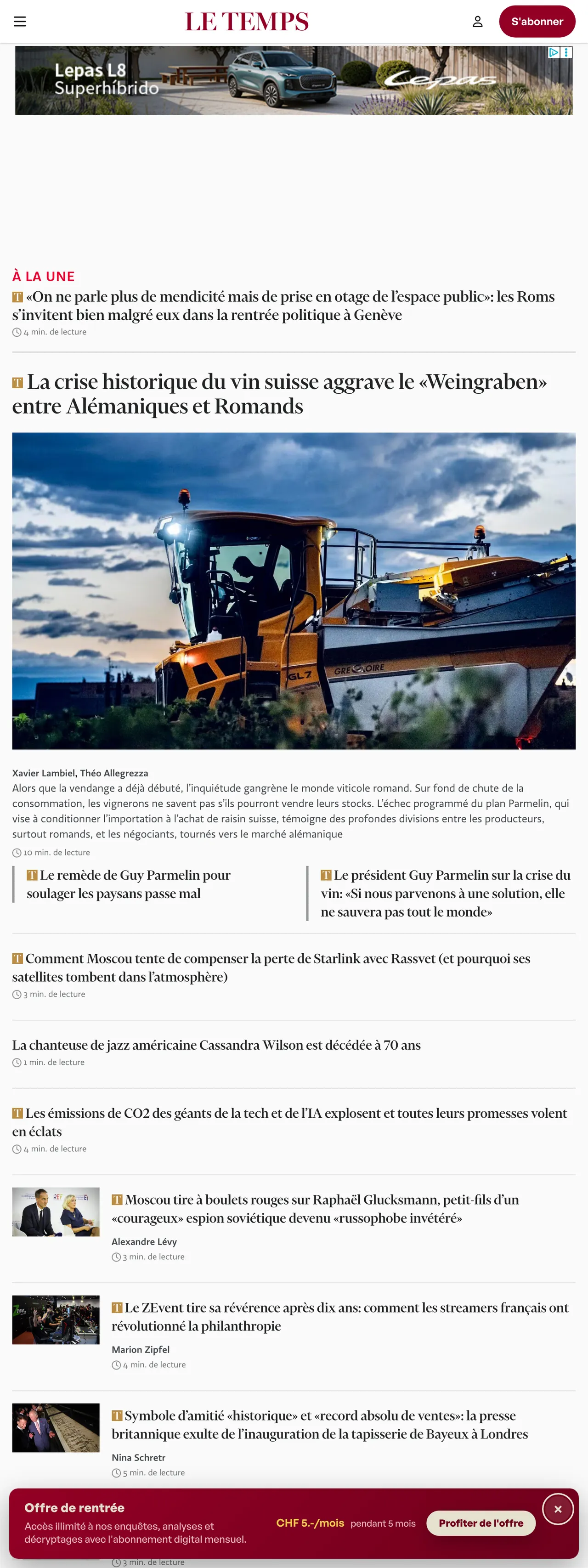 Screenshot of the Le Temps front page