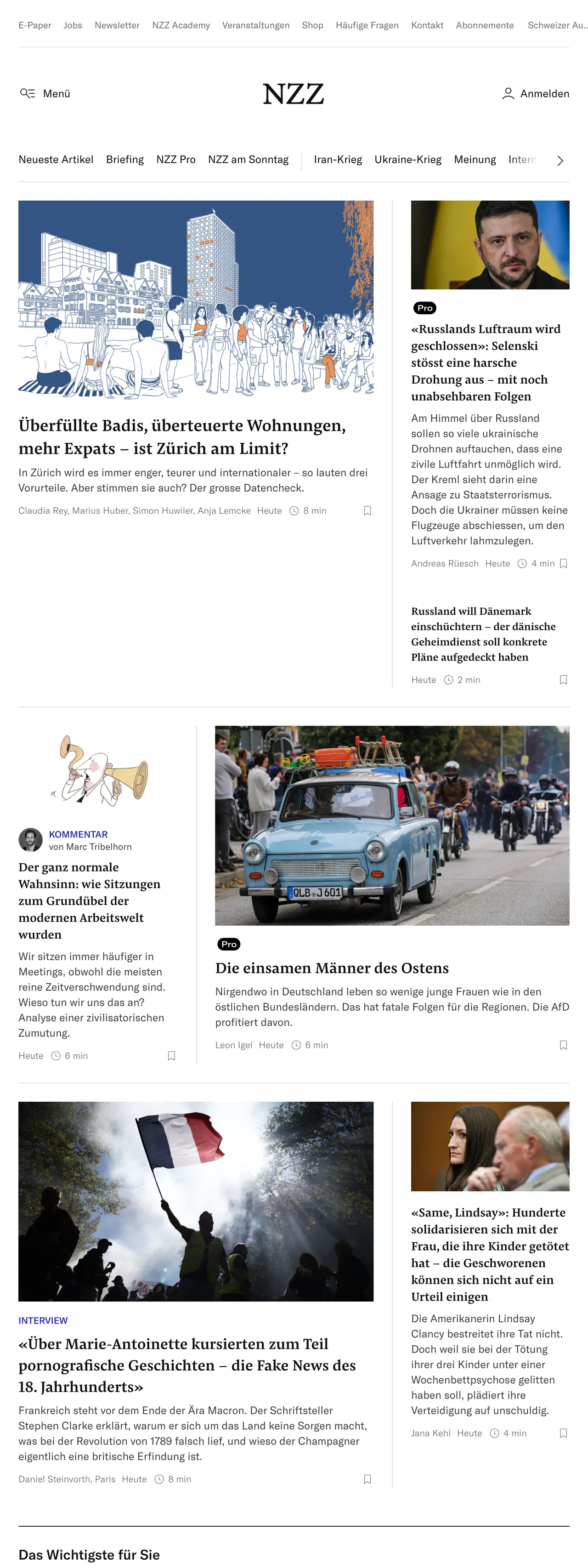 Screenshot of the Neue Zürcher Zeitung front page