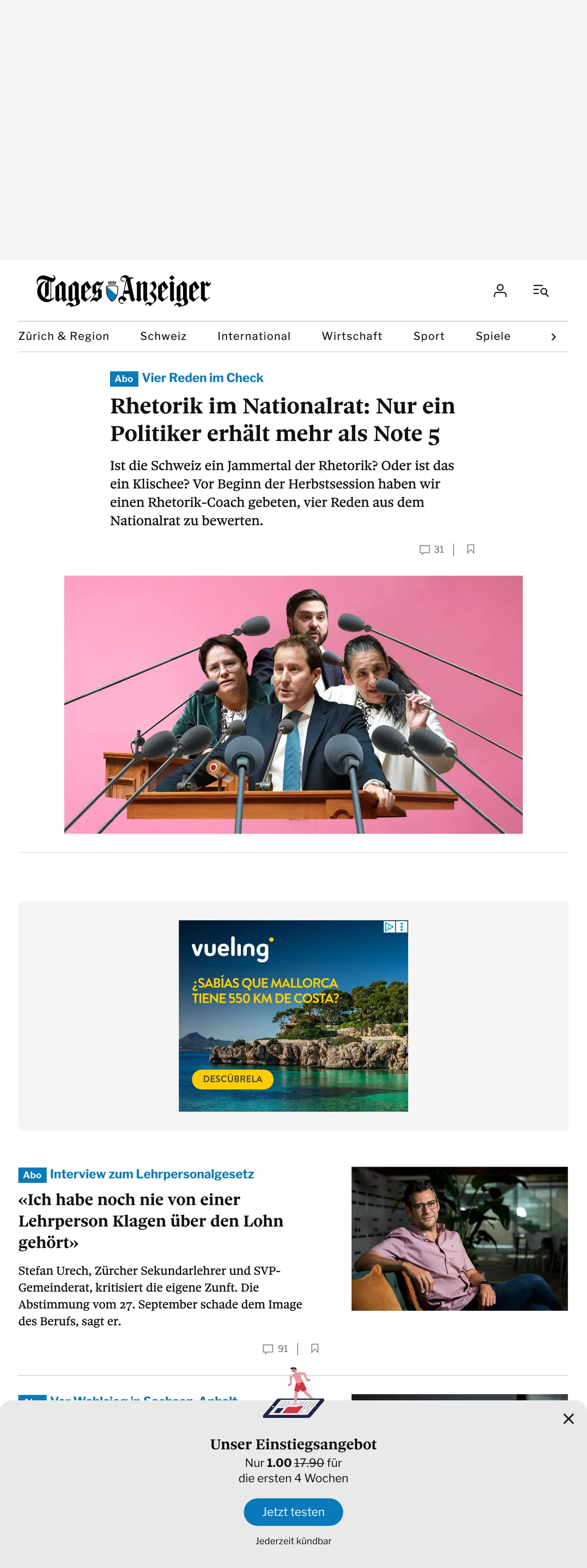Screenshot of the Tages-Anzeiger front page