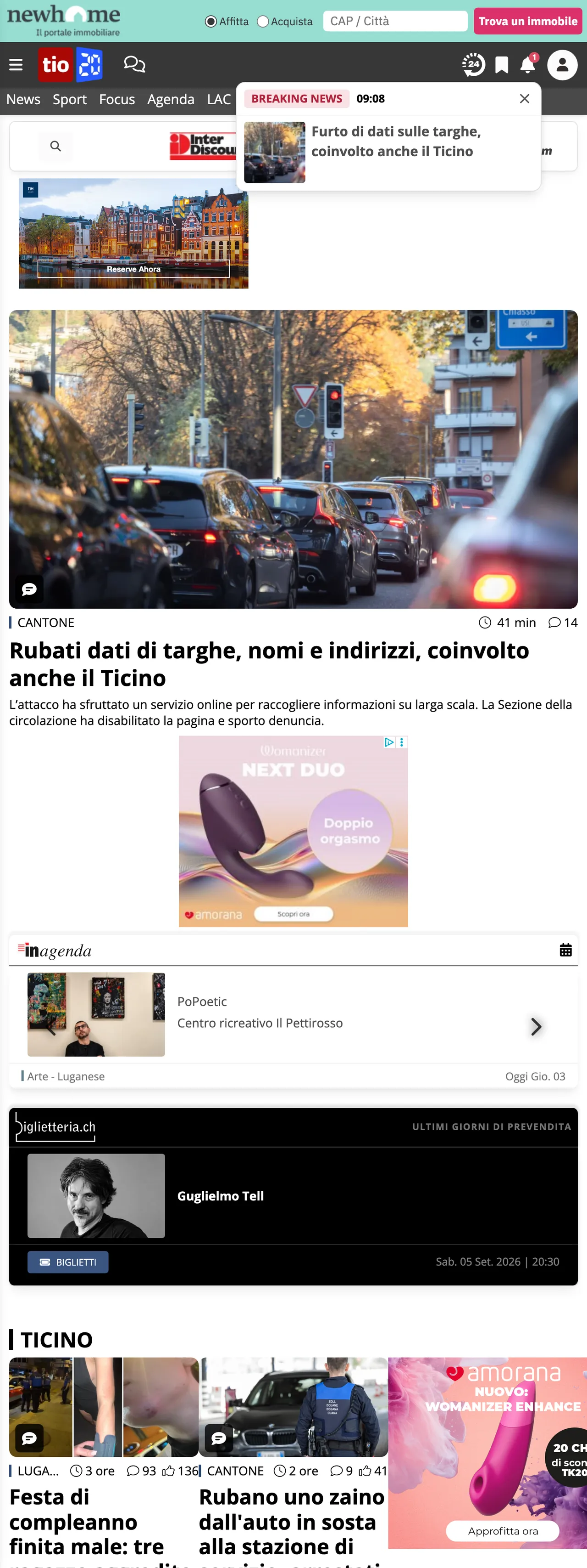 Screenshot of the Ticinonline front page