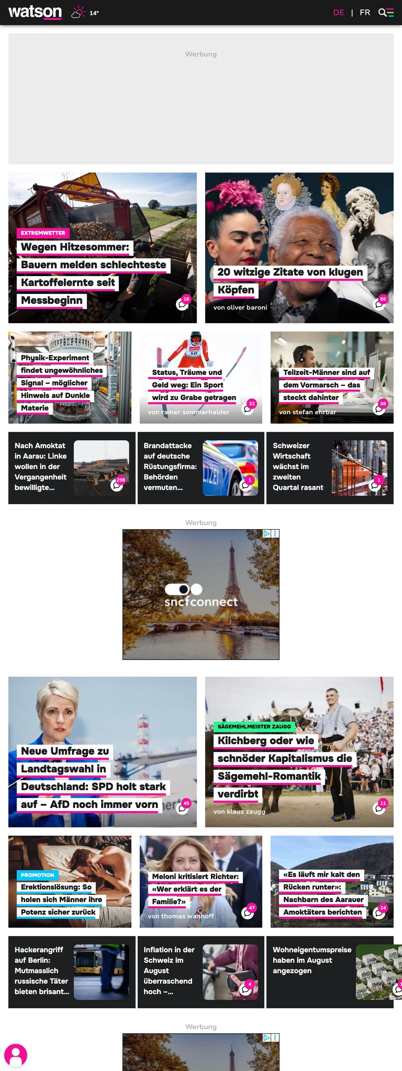 Screenshot of the watson front page
