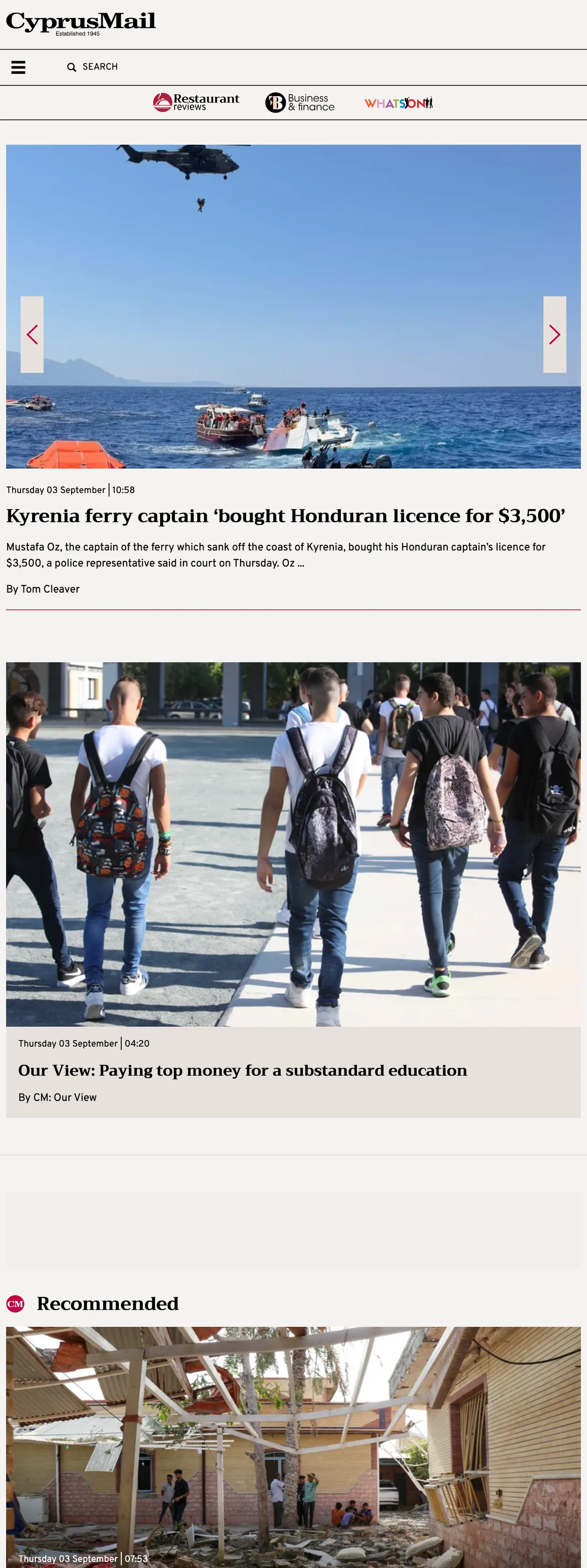 Screenshot of the Cyprus Mail front page