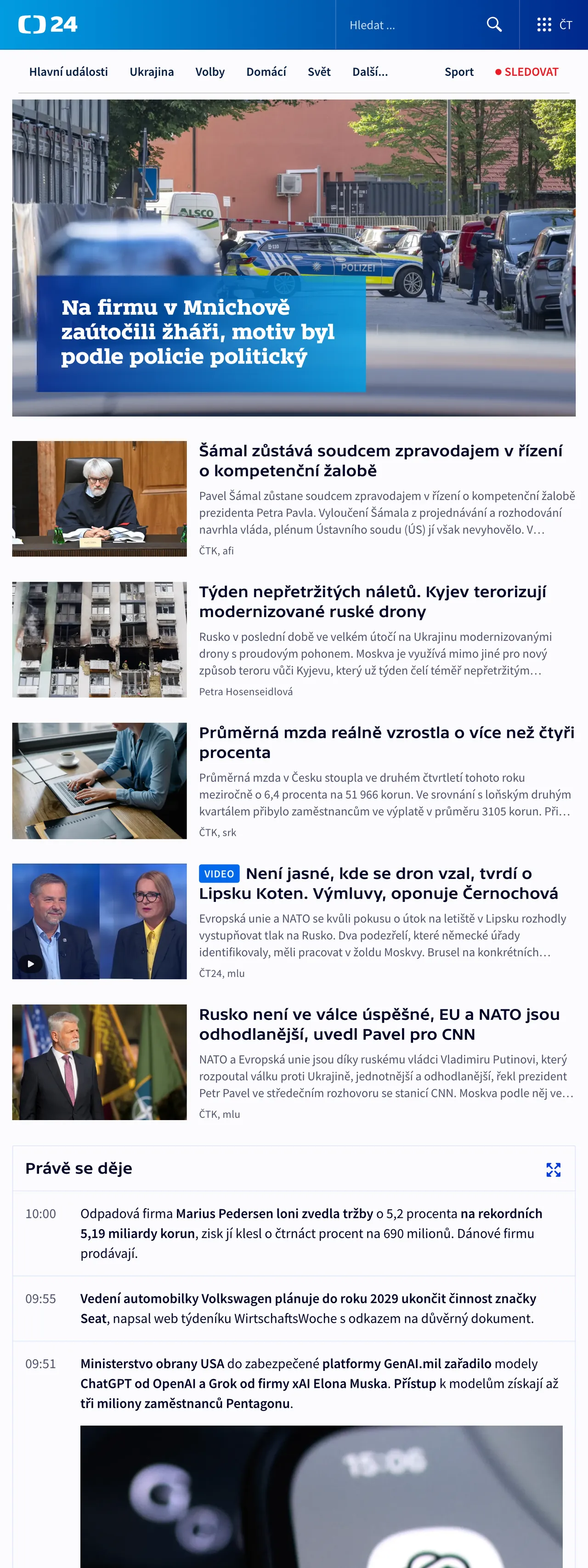 Screenshot of the ČT24 front page