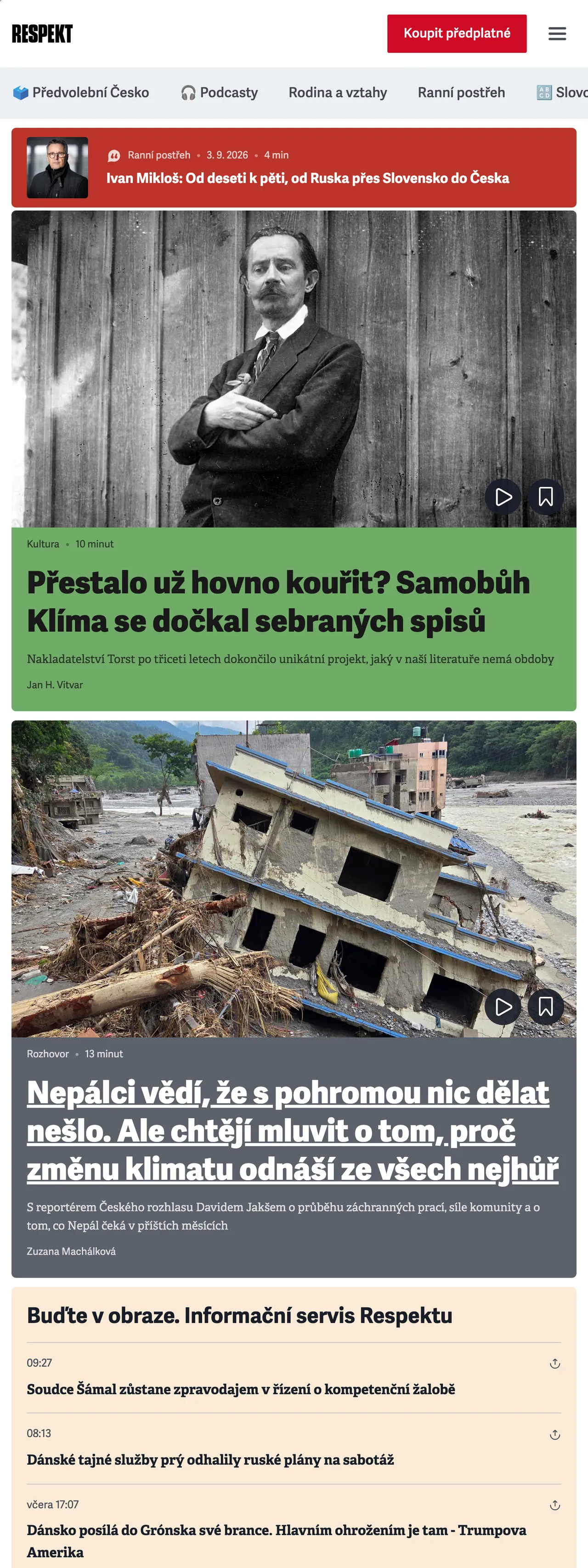 Screenshot of the Respekt front page
