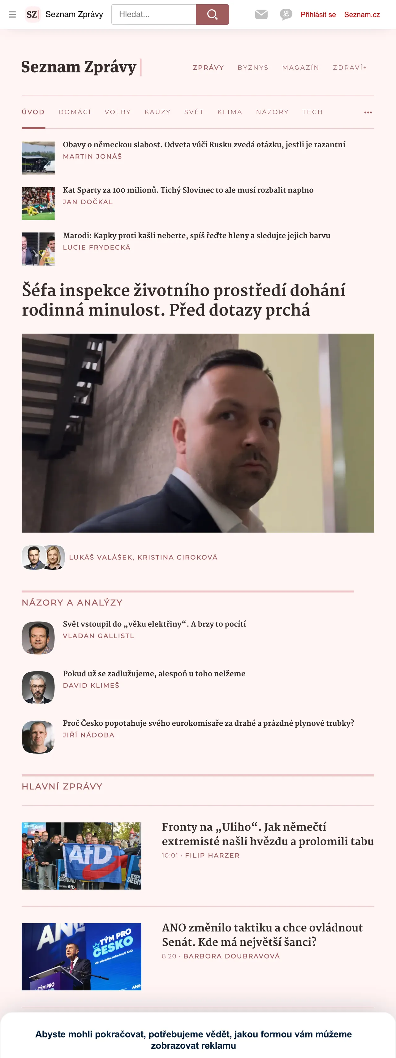 Screenshot of the Seznam Zprávy front page