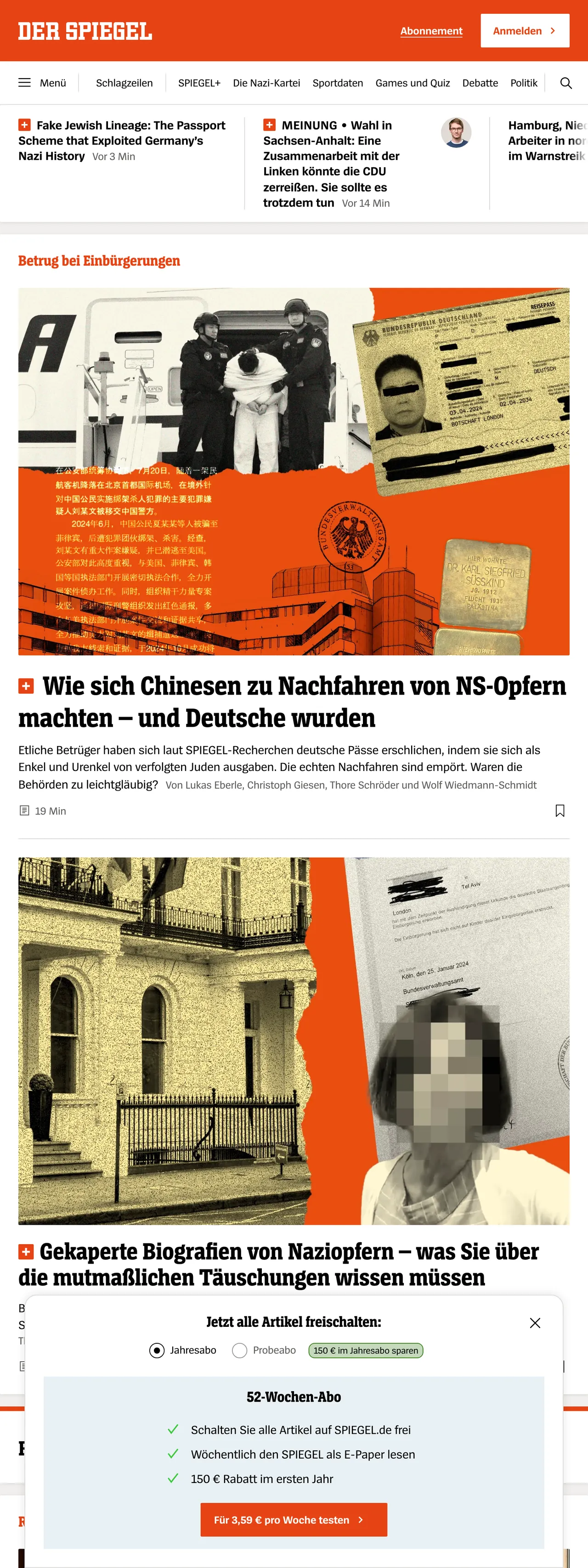 Screenshot of the DER SPIEGEL front page