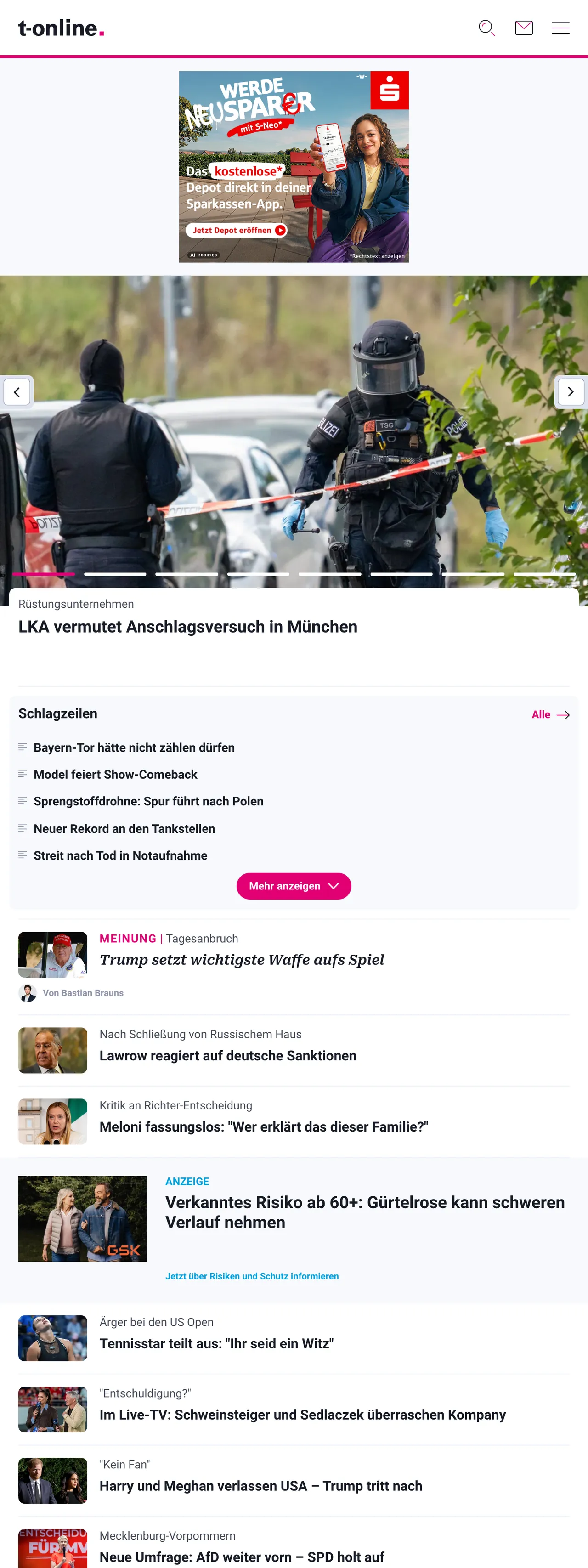 Screenshot of the t-online front page