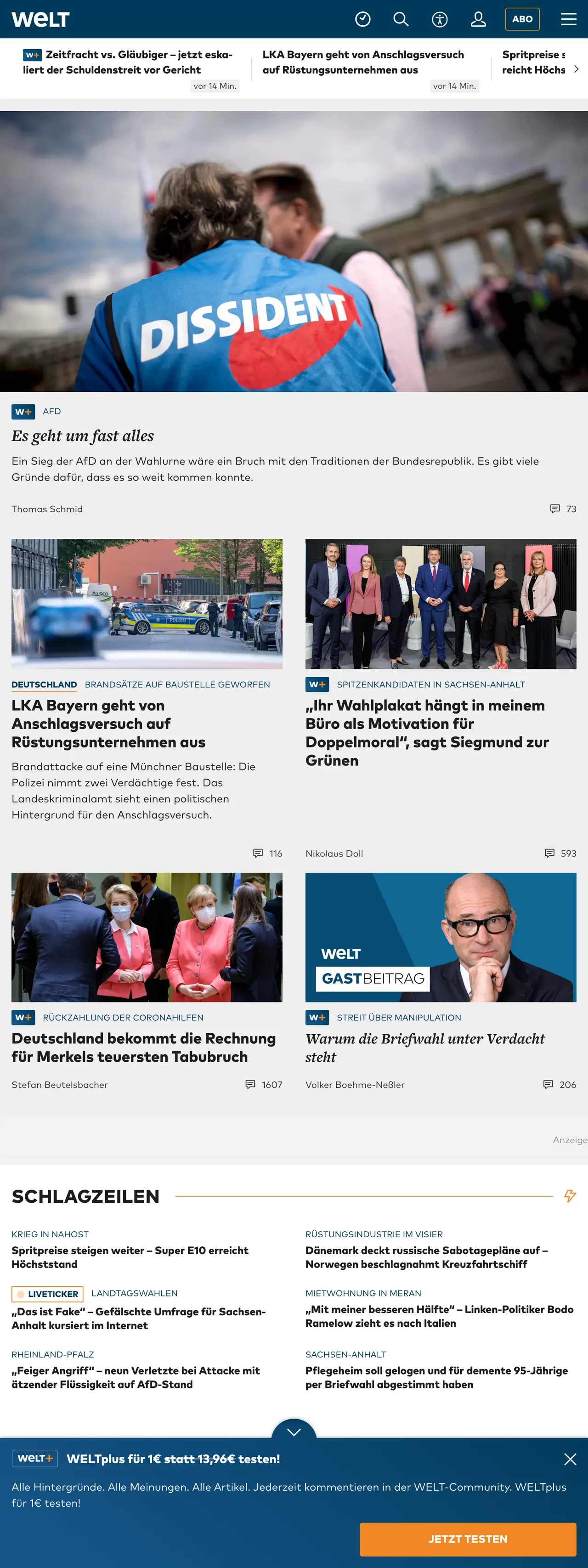 Screenshot of the WELT front page