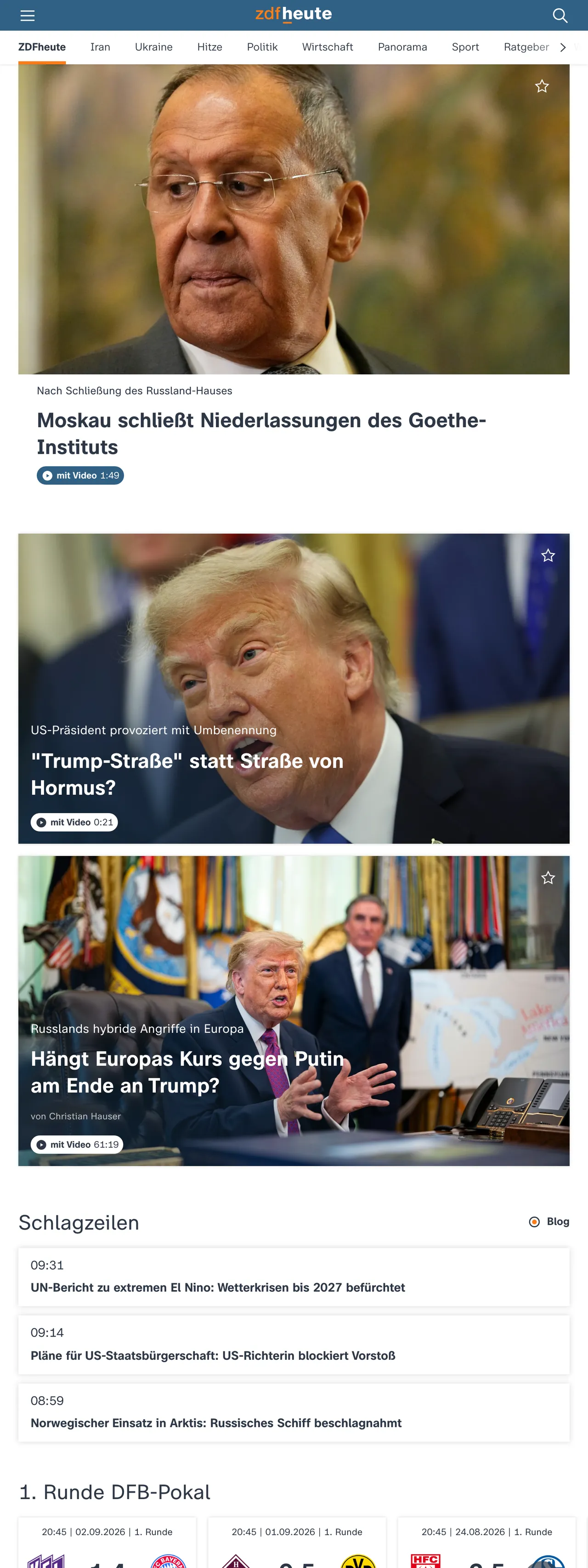 Screenshot of the ZDFheute front page