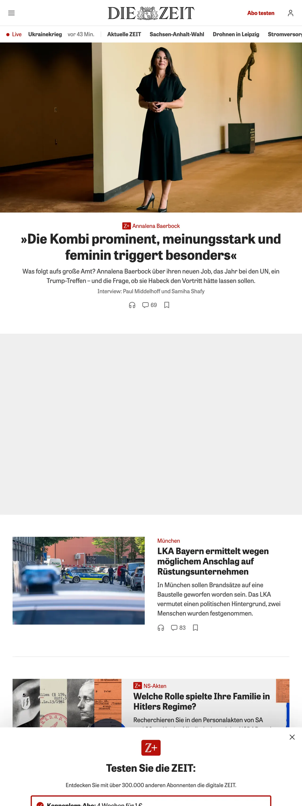 Screenshot of the ZEIT ONLINE front page