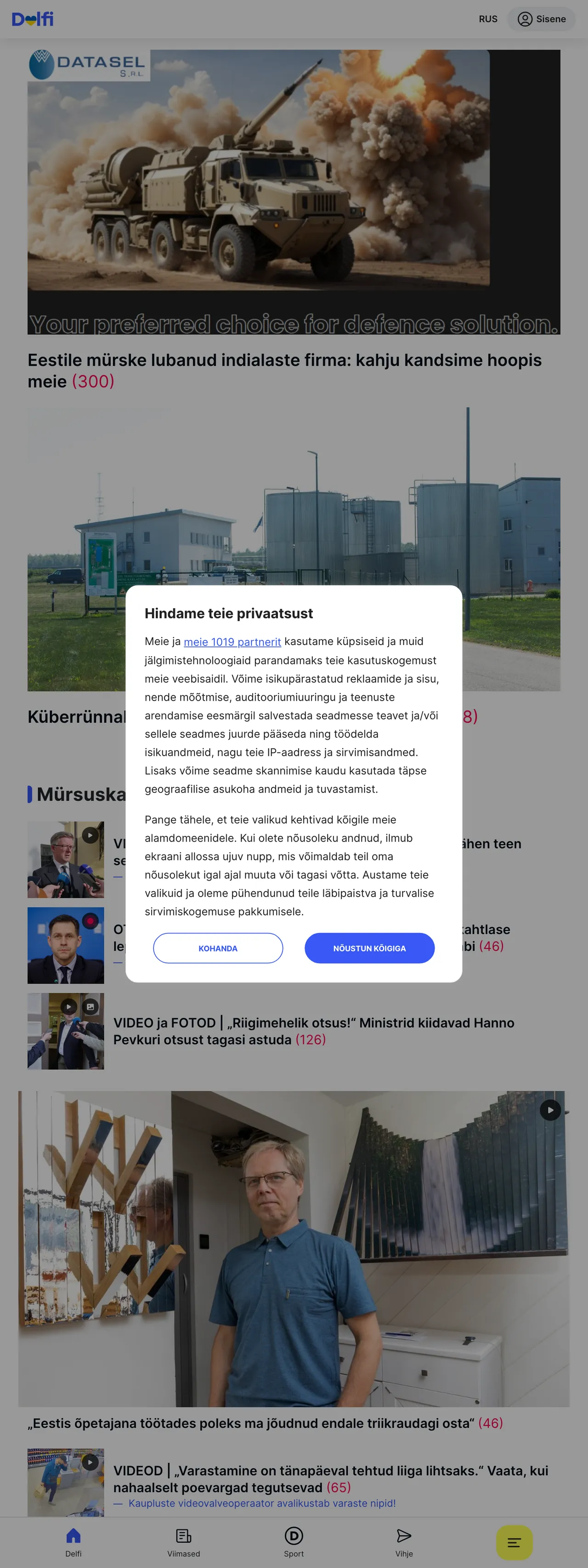 Screenshot of the Delfi front page