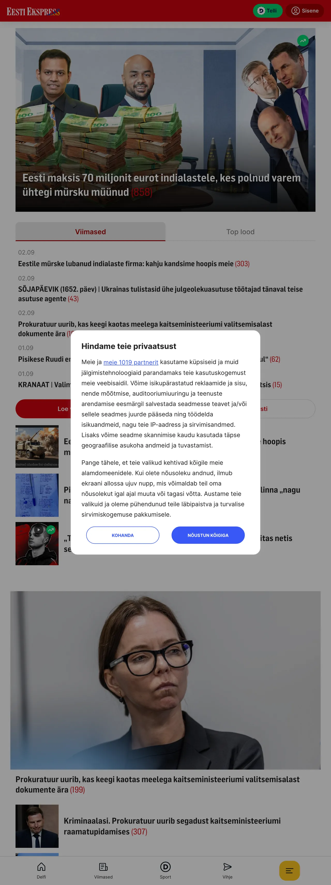 Screenshot of the Eesti Ekspress front page