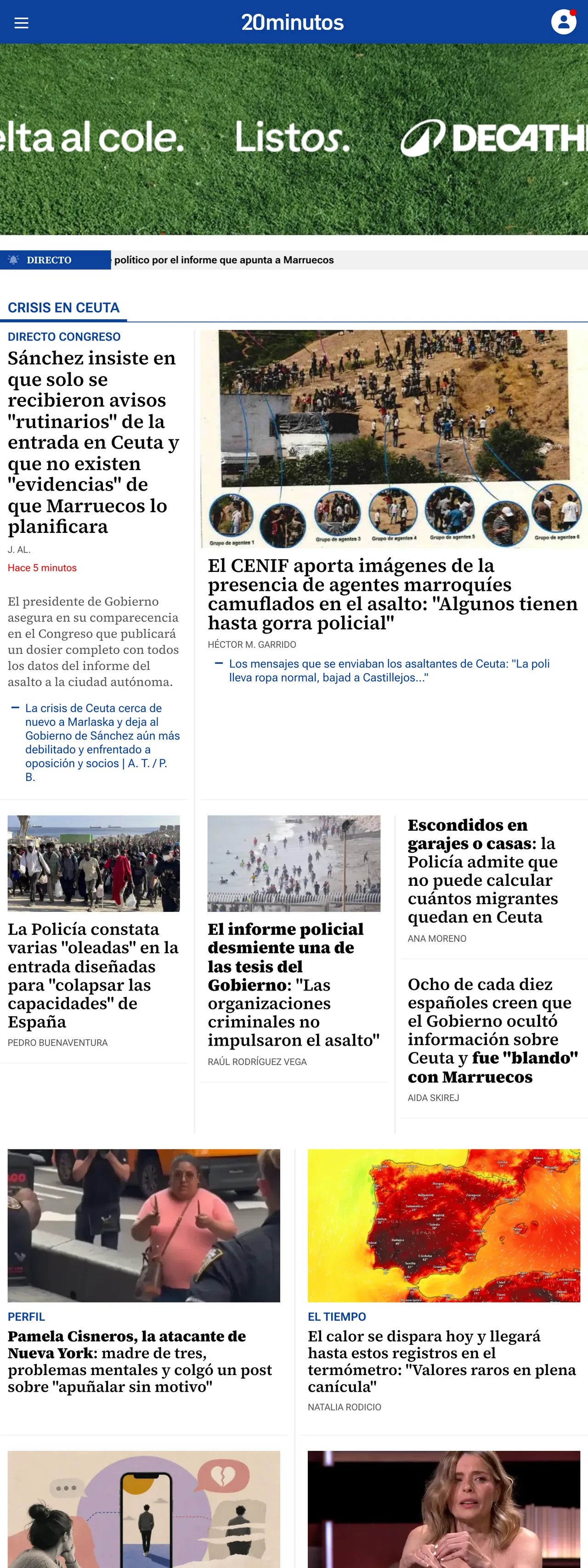Screenshot of the 20minutos front page