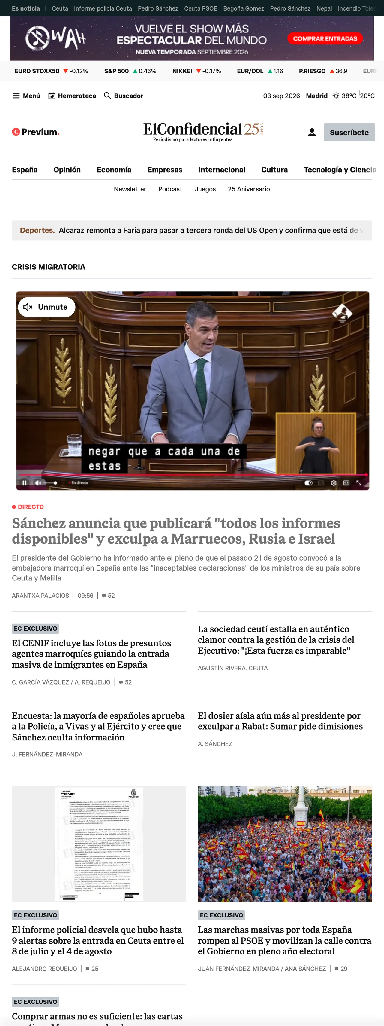 Screenshot of the El Confidencial front page