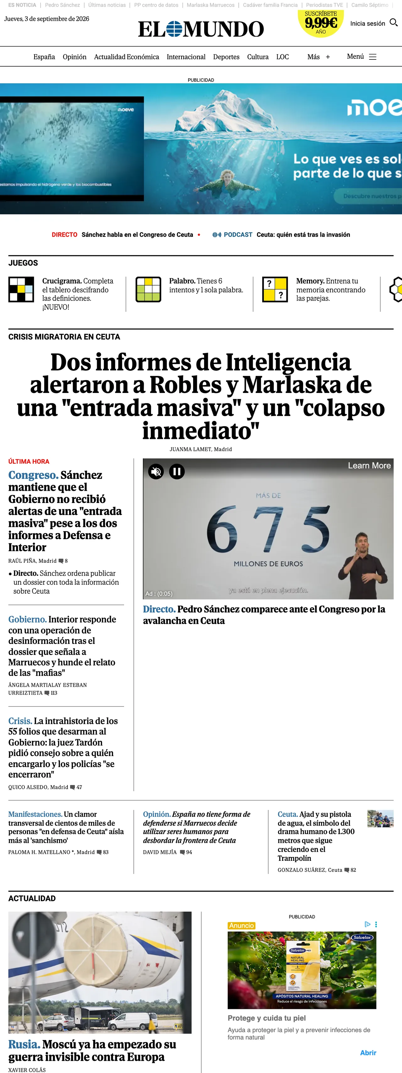 Screenshot of the El Mundo front page