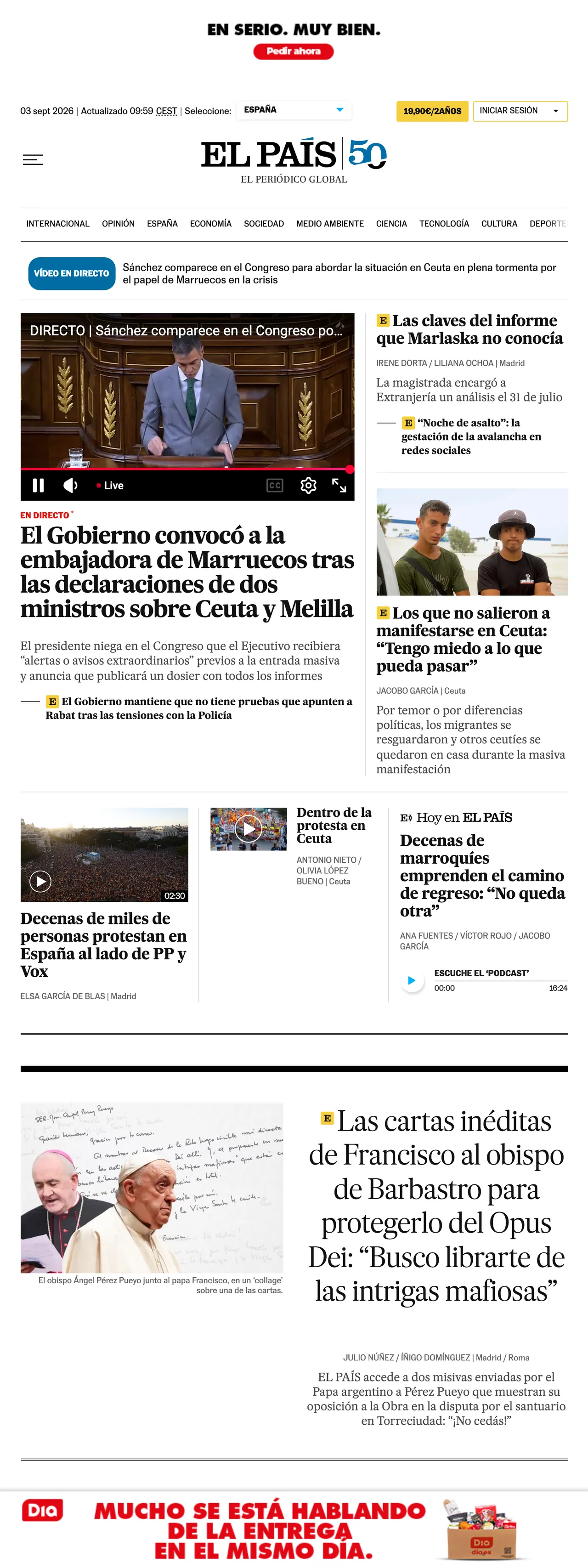 Screenshot of the EL PAÍS front page