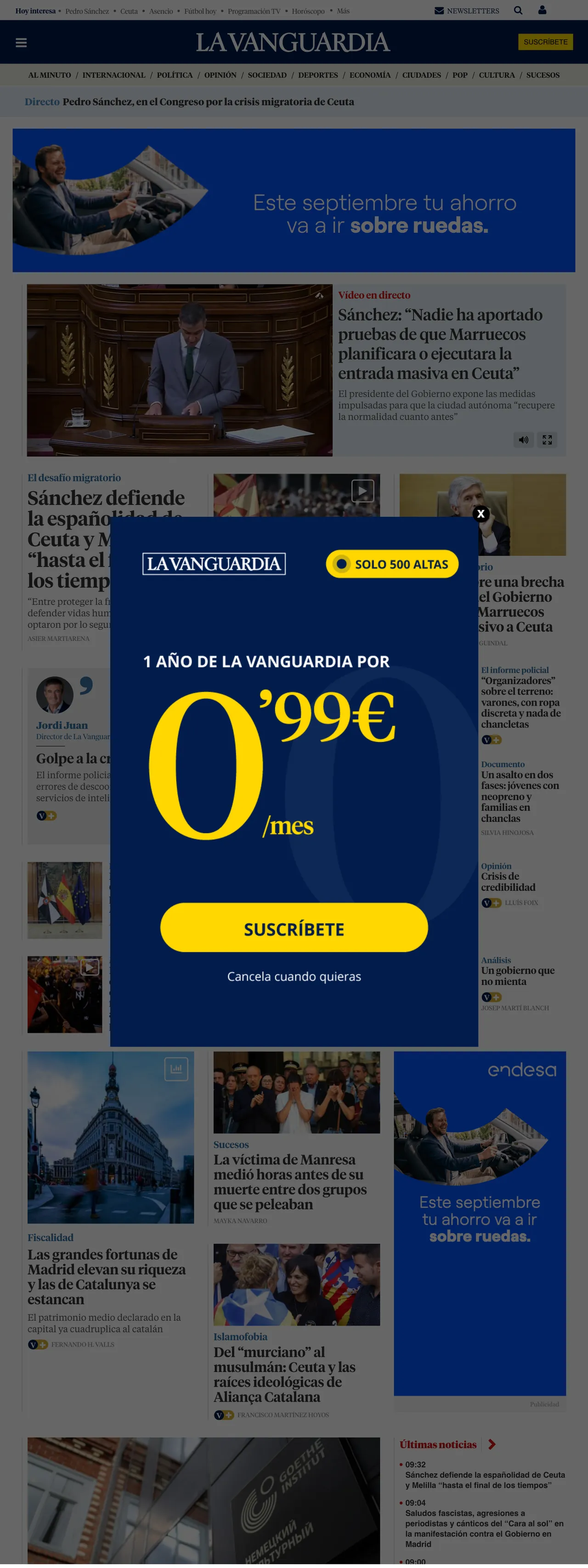 Screenshot of the La Vanguardia front page