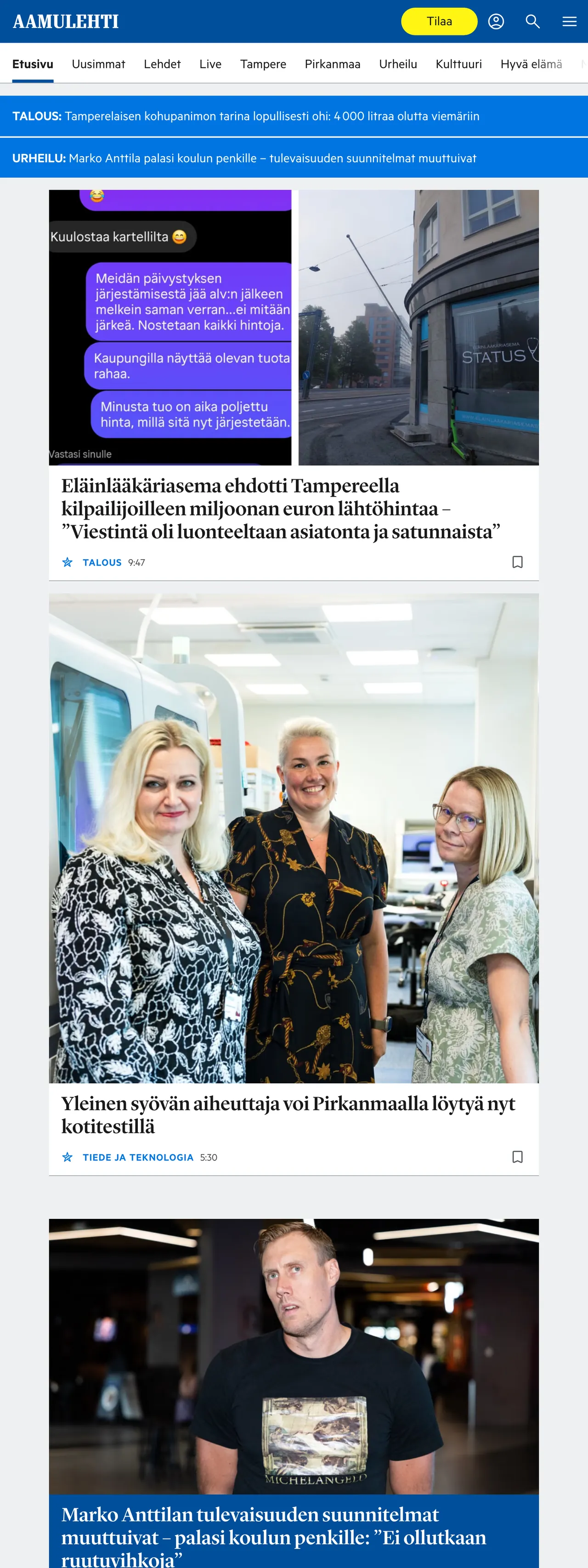 Screenshot of the Aamulehti front page