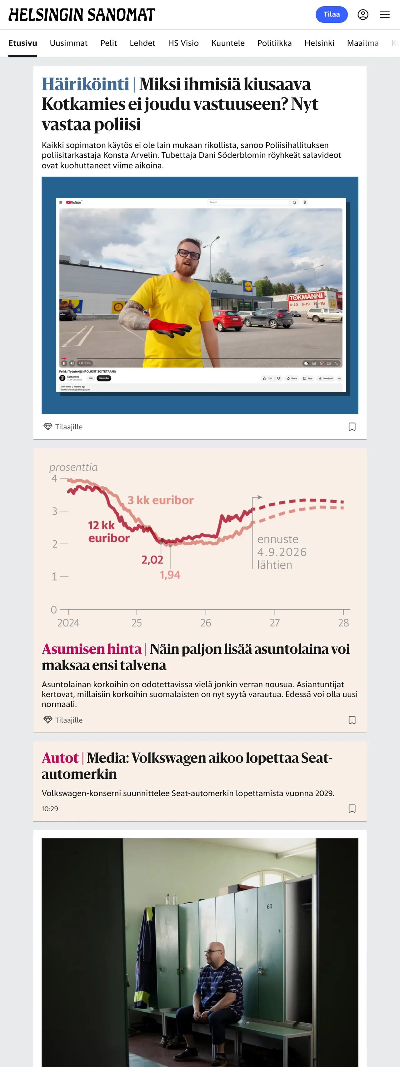 Screenshot of the Helsingin Sanomat front page