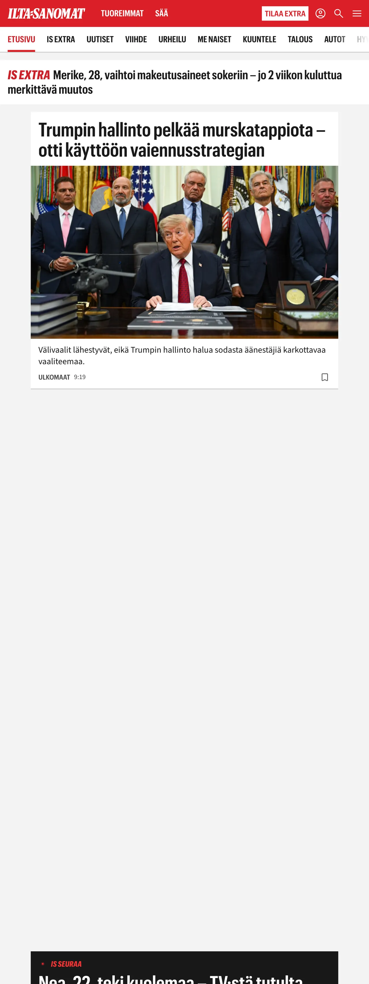 Screenshot of the Ilta-Sanomat front page