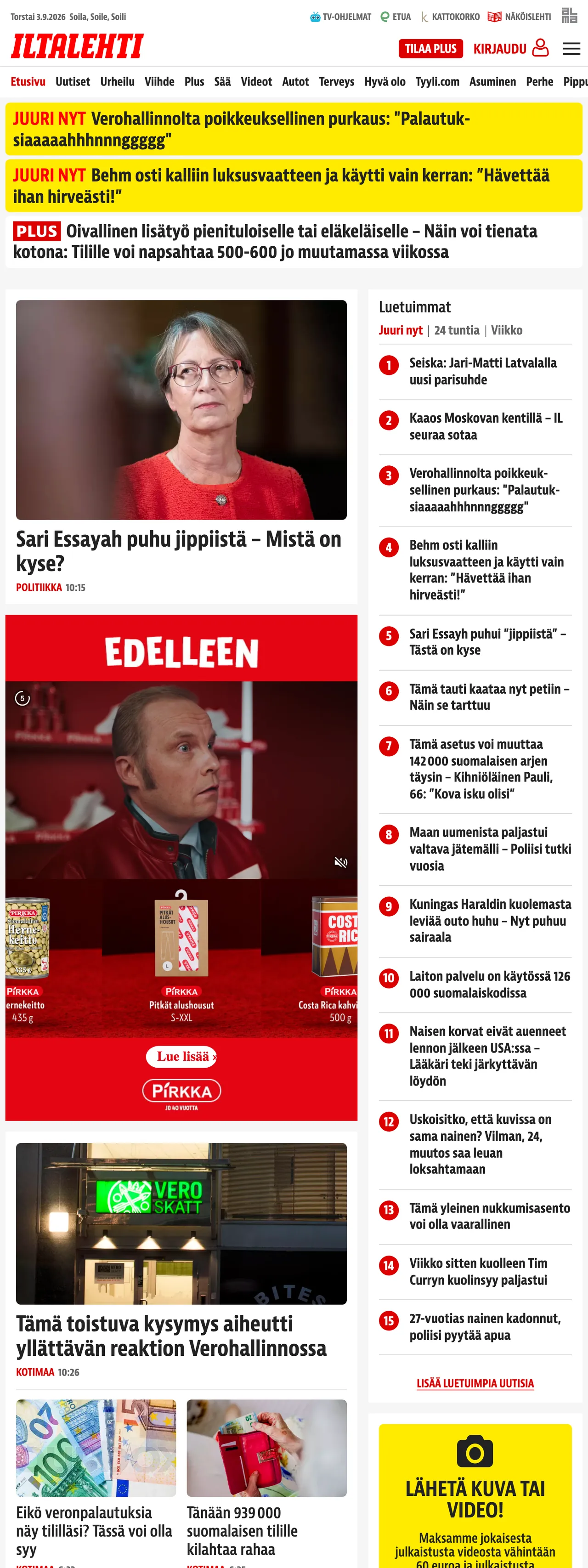 Screenshot of the Iltalehti front page