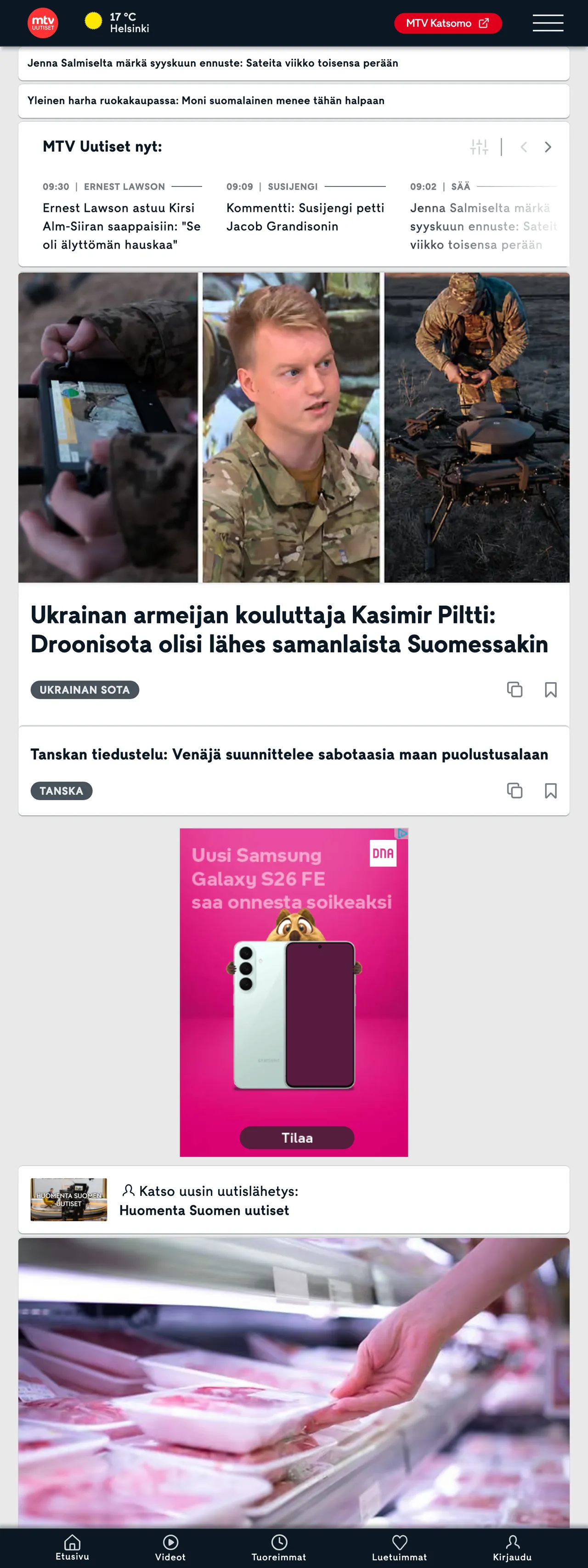 Screenshot of the MTV Uutiset front page