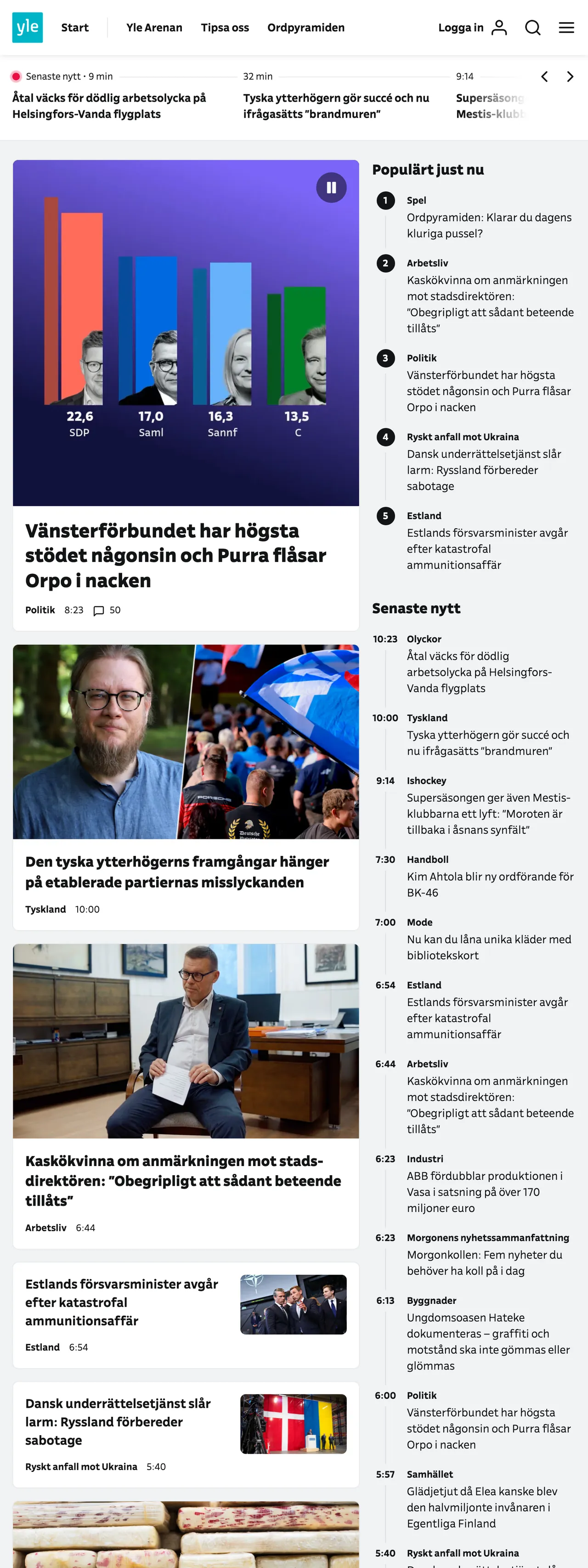 Screenshot of the Svenska Yle front page