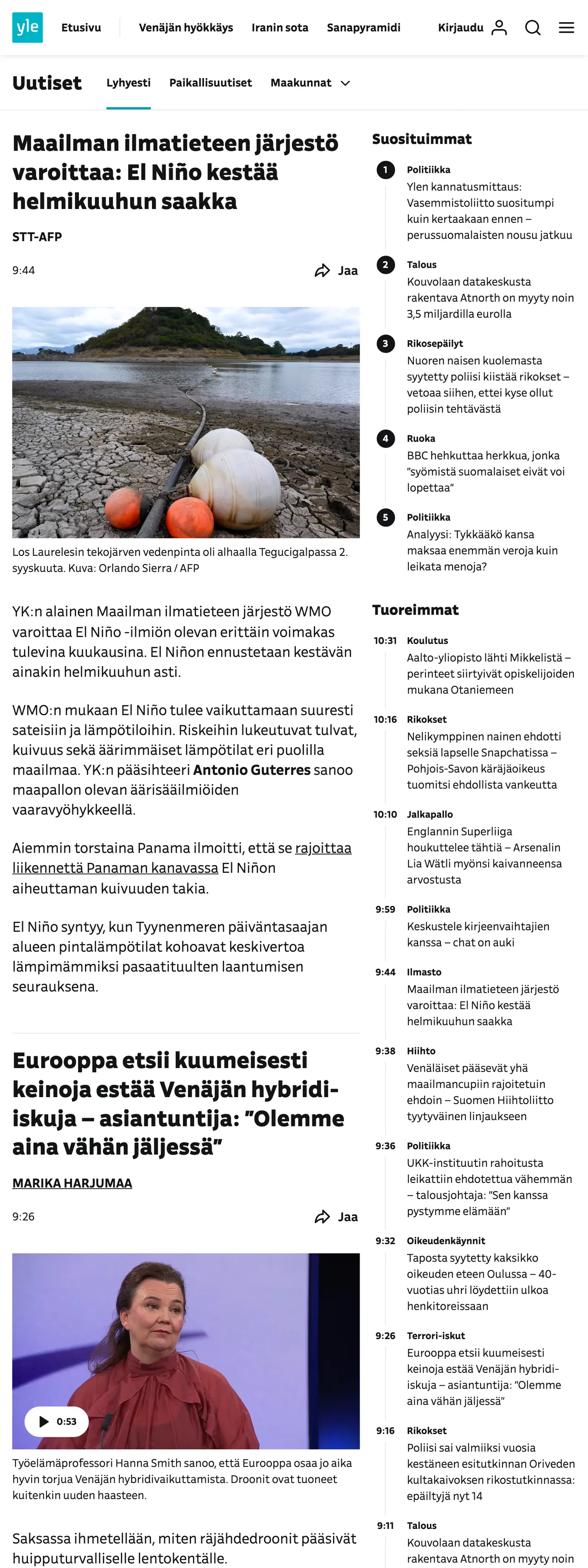 Screenshot of the Yle front page