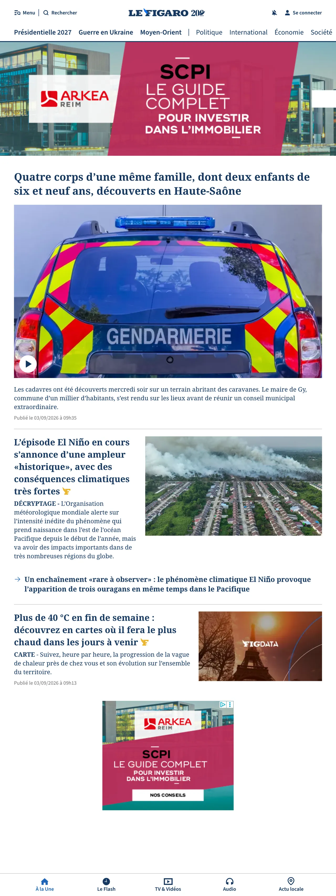 Screenshot of the Le Figaro front page