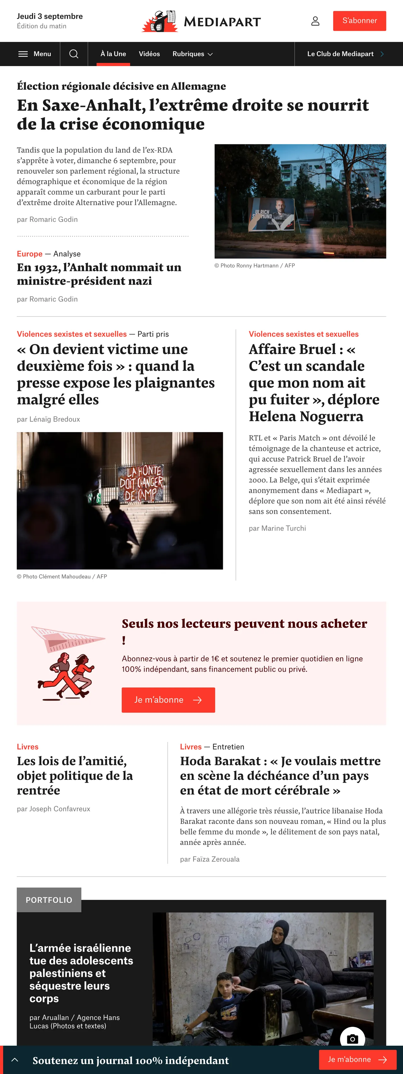 Screenshot of the Mediapart front page