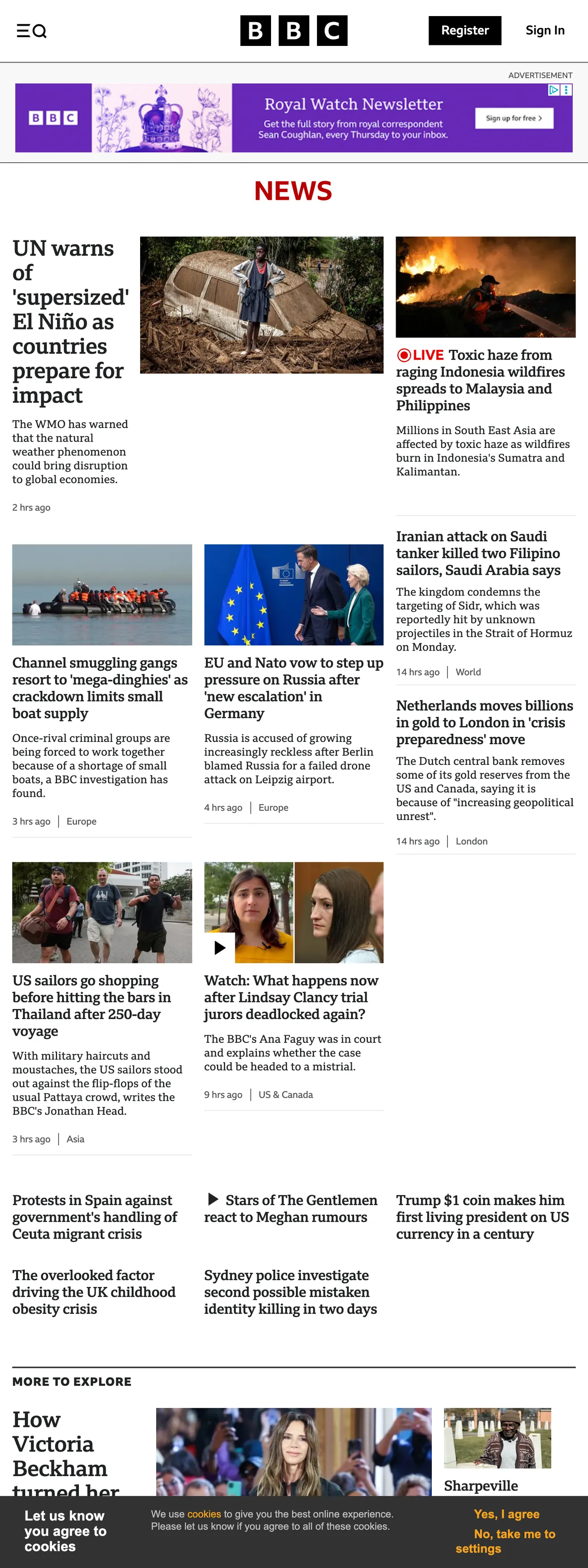 Screenshot of the BBC News front page