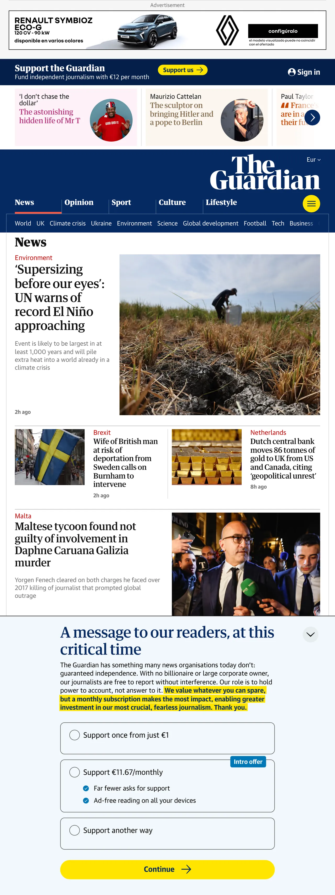 Screenshot of the The Guardian front page