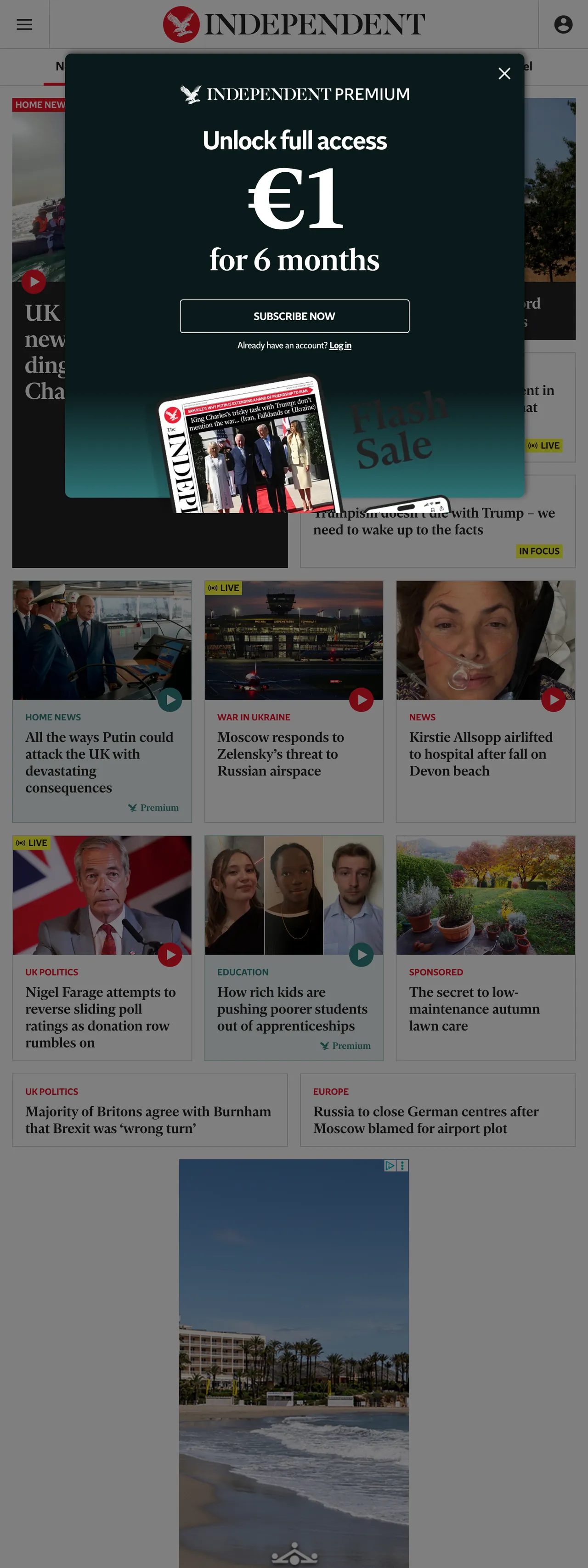 Screenshot of the The Independent front page
