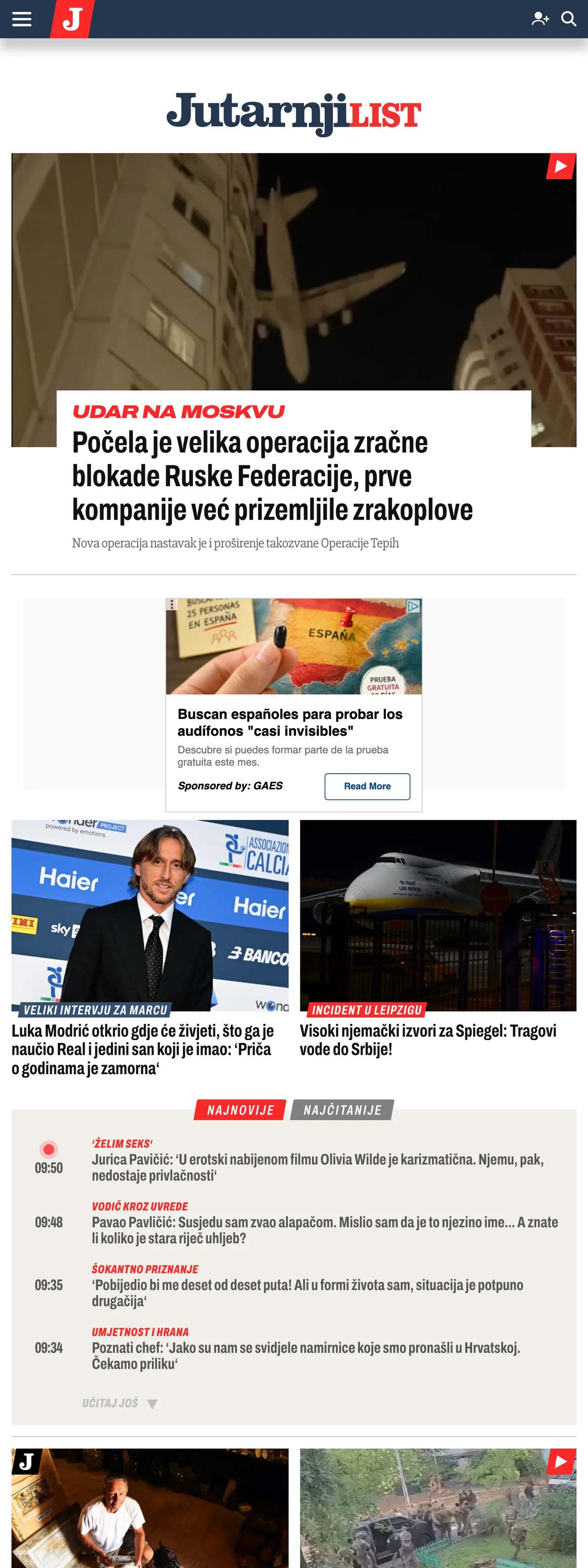 Screenshot of the Jutarnji list front page