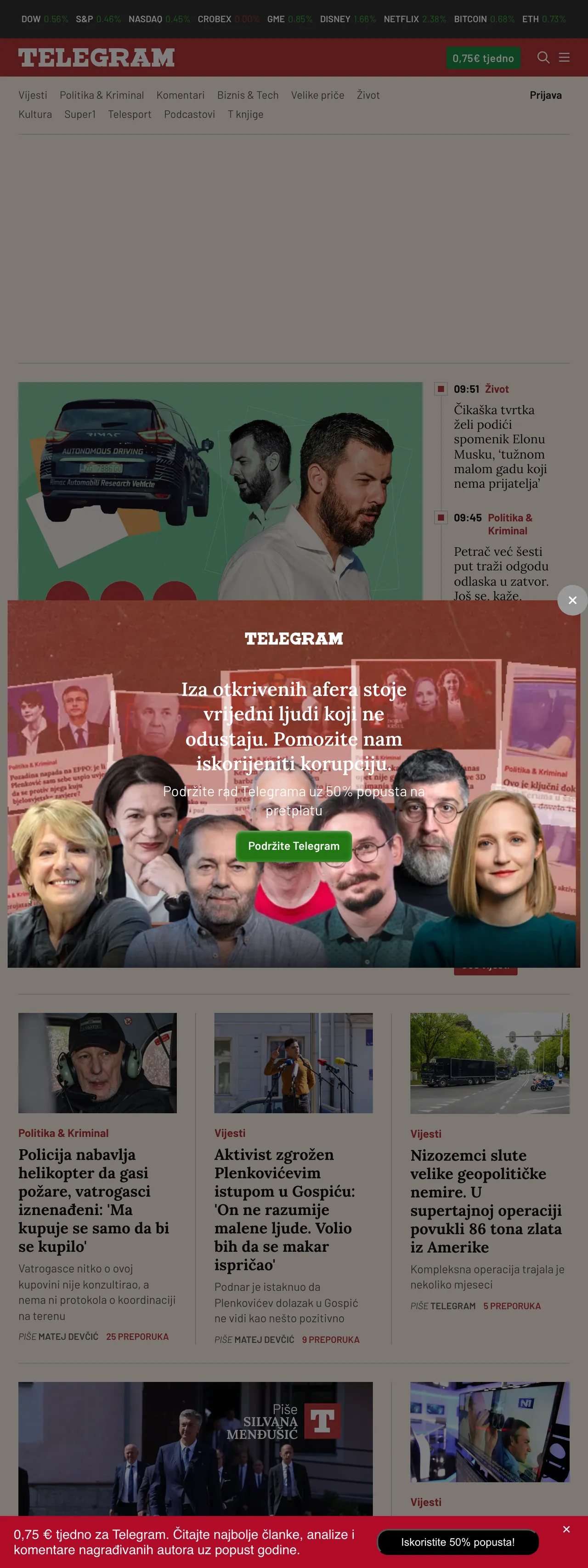 Screenshot of the Telegram.hr front page