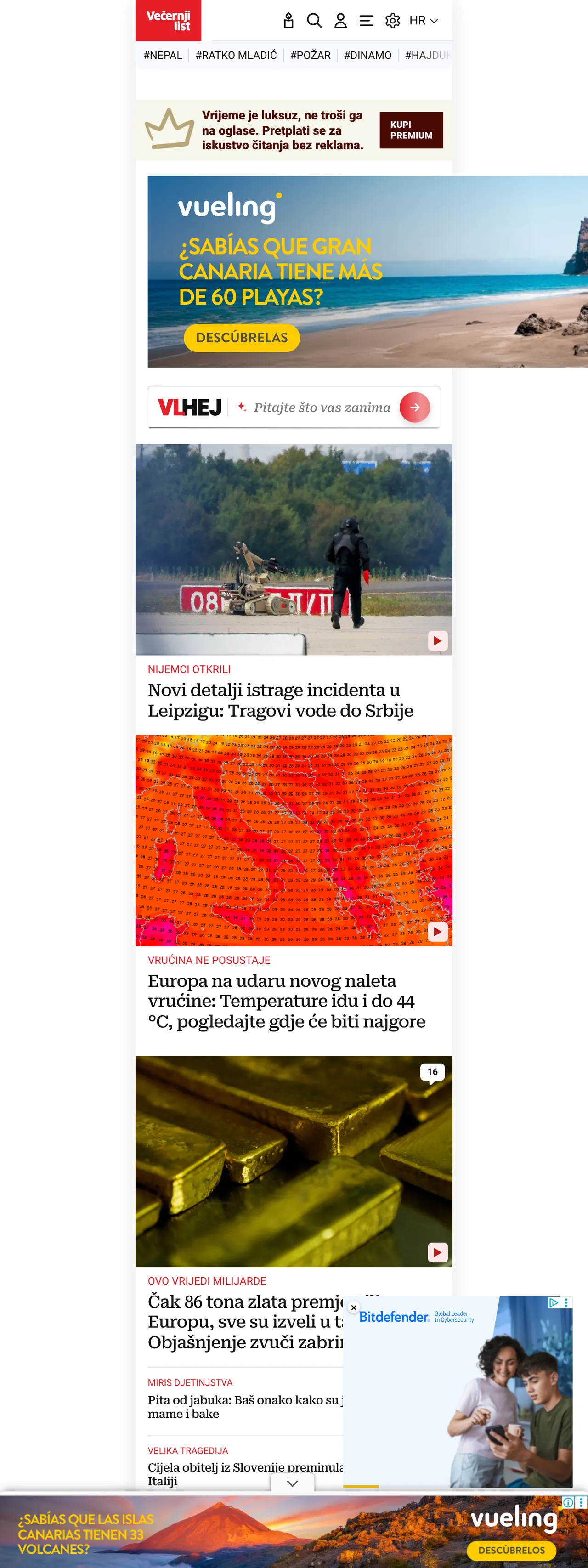 Screenshot of the Večernji list front page
