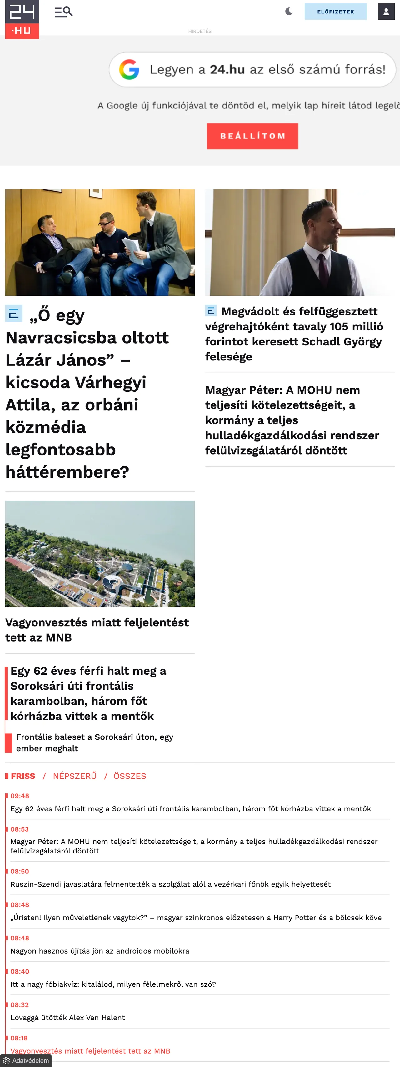 Screenshot of the 24.hu front page