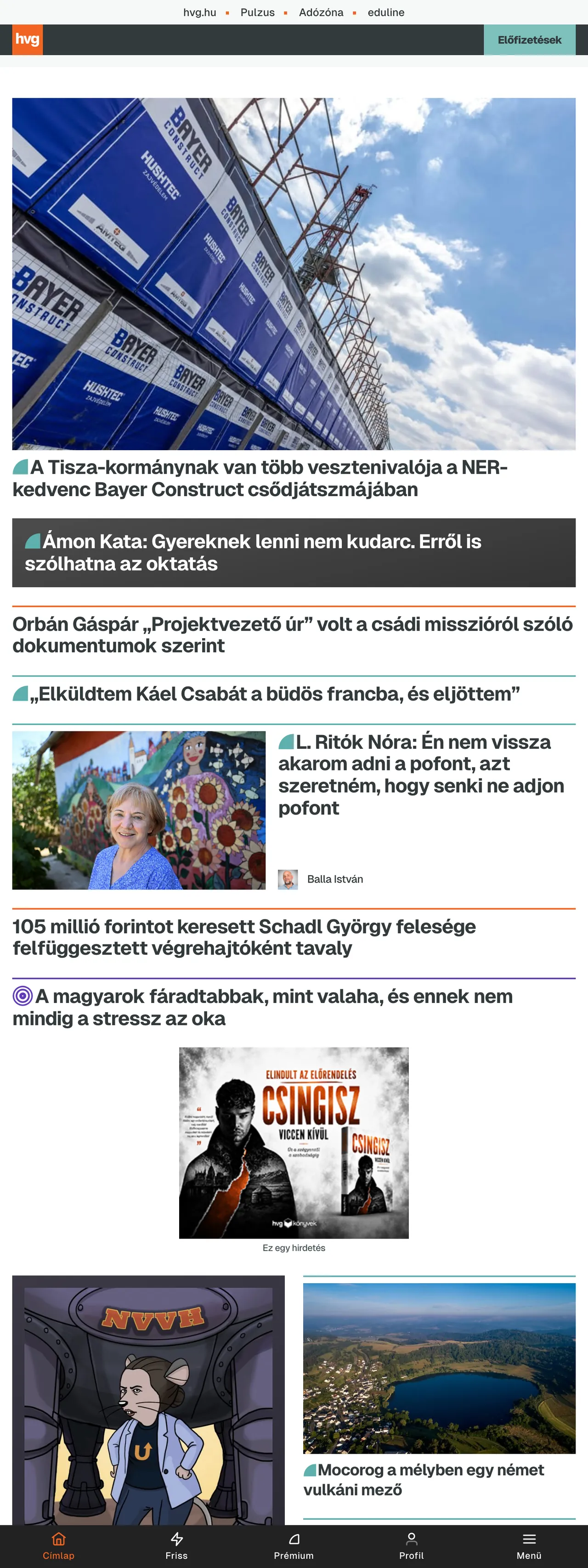 Screenshot of the HVG front page