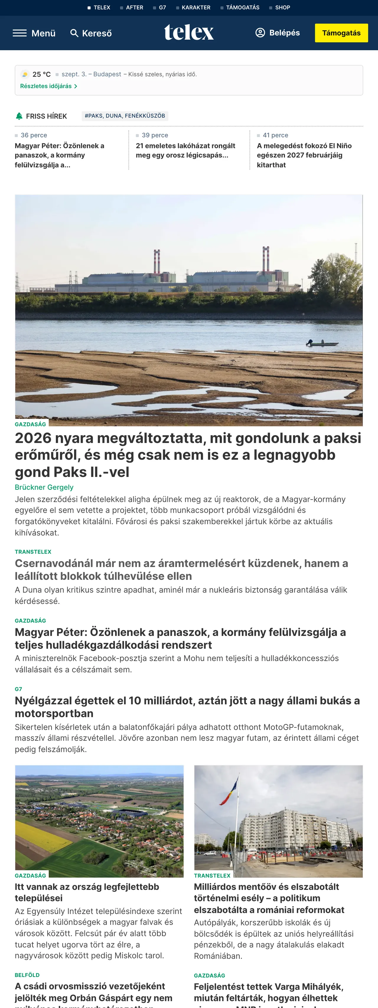Screenshot of the Telex front page