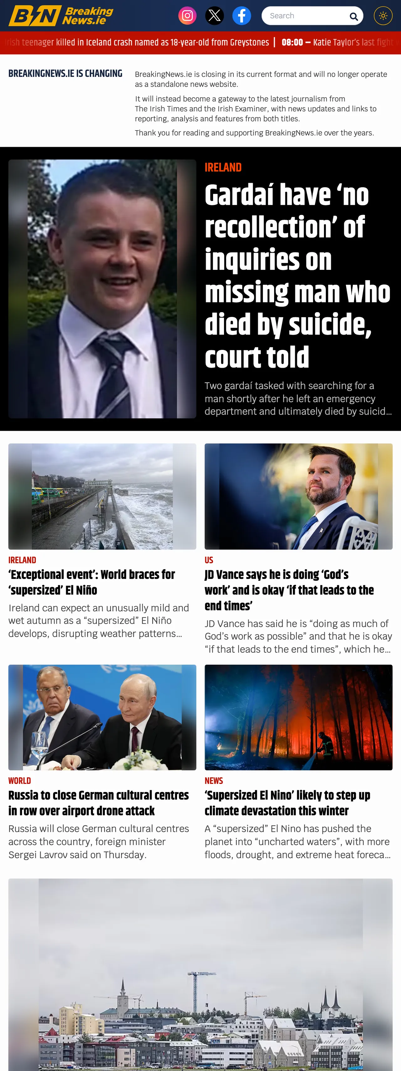 Screenshot of the BreakingNews.ie front page